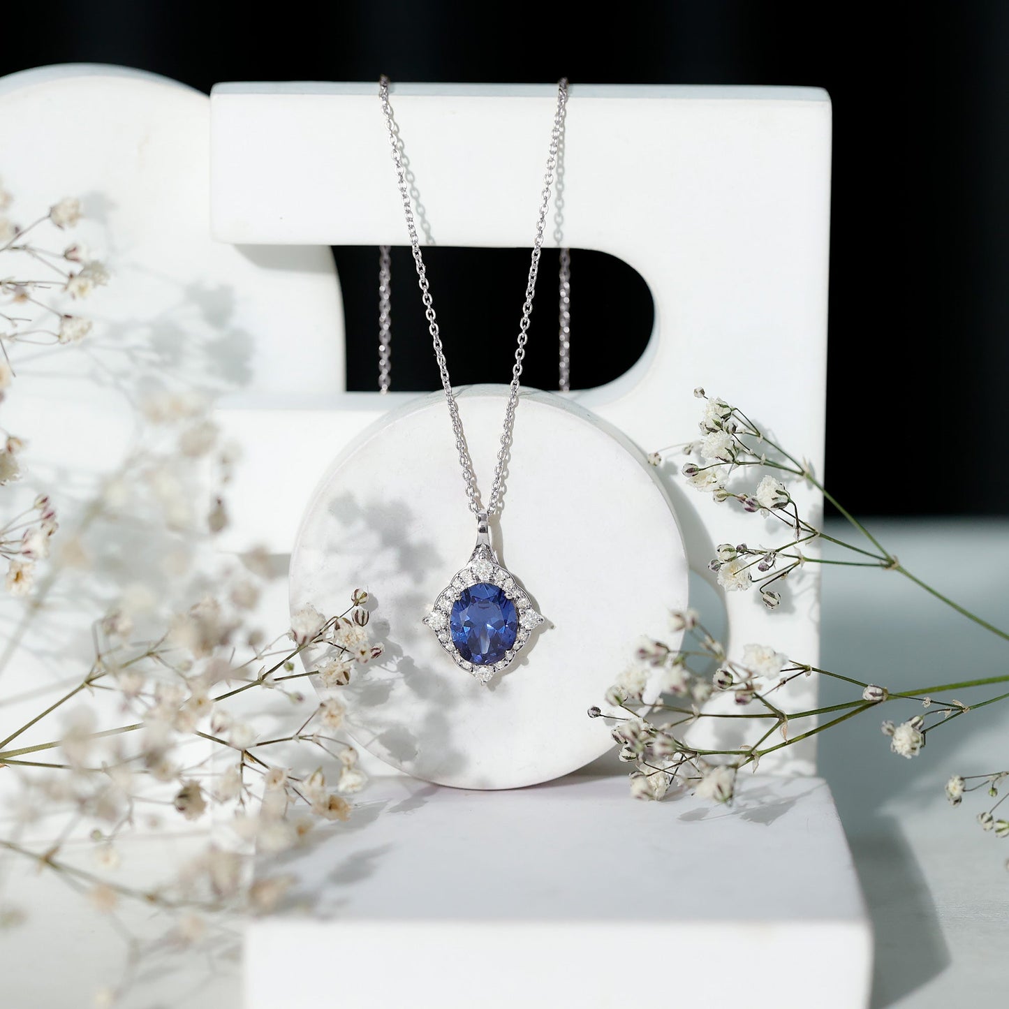 Lab Grown Blue Sapphire and Diamond Vintage Necklace