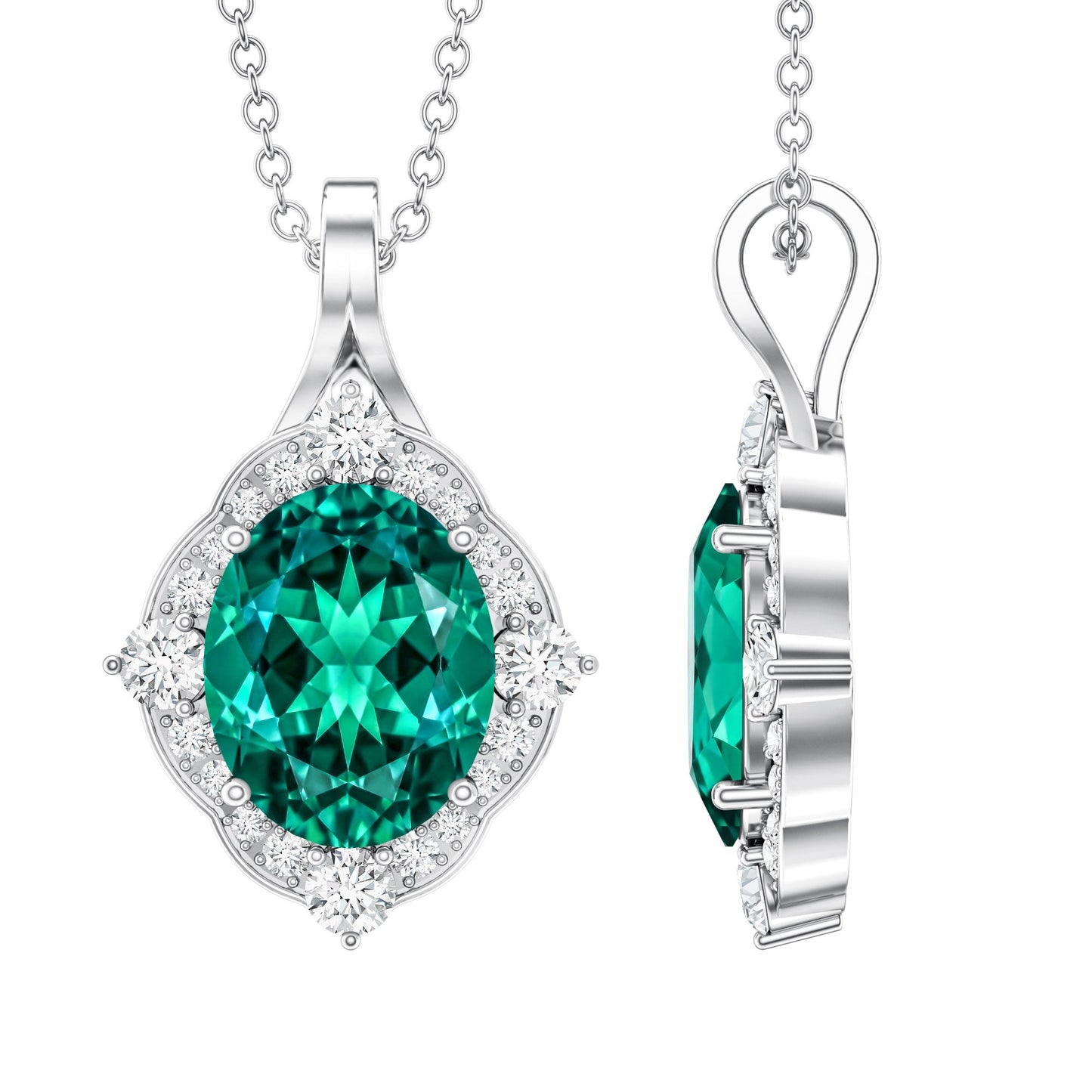 Certified 3 Carat Oval Lab Emerald and Diamond Vintage Necklace