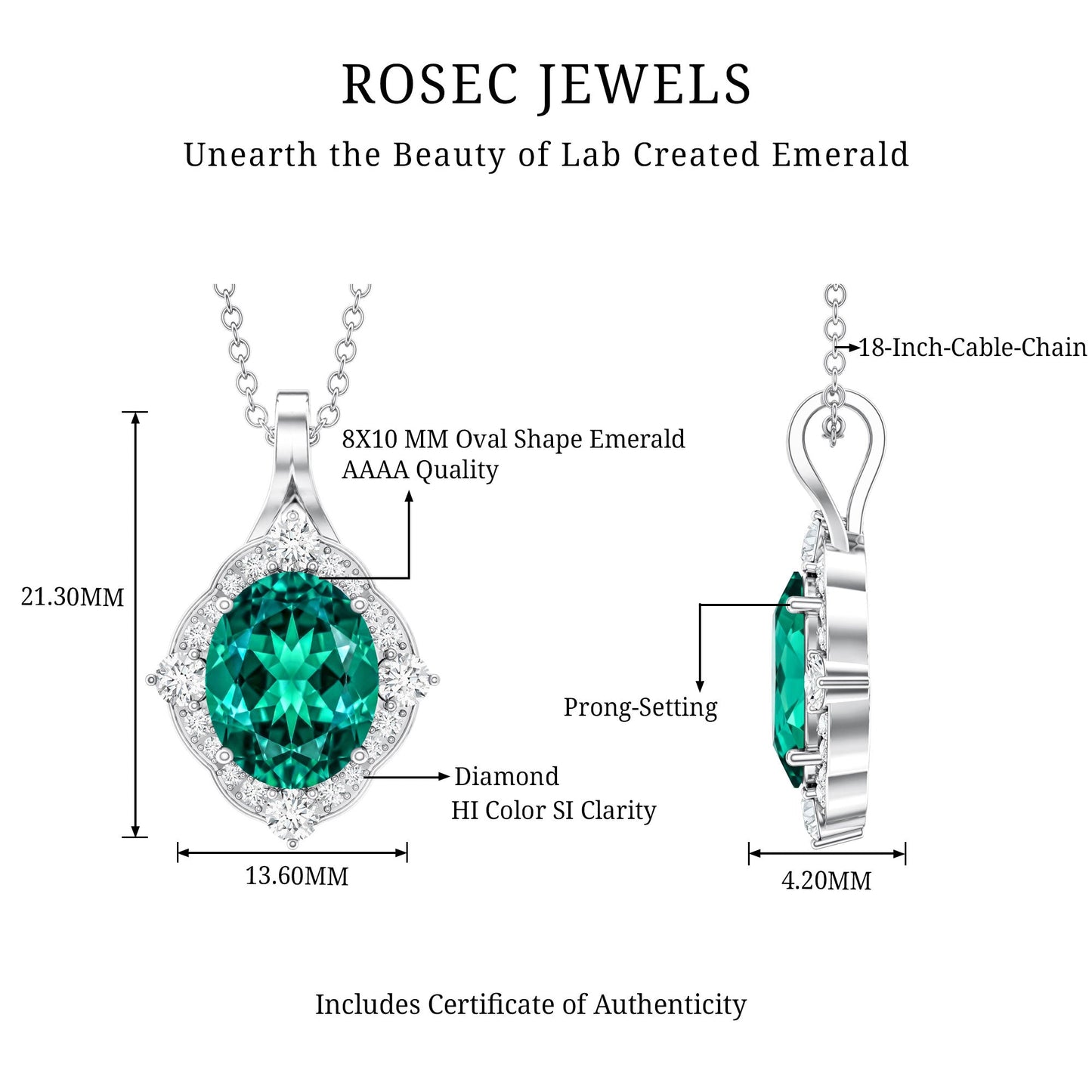 Certified 3 Carat Oval Lab Emerald and Diamond Vintage Necklace