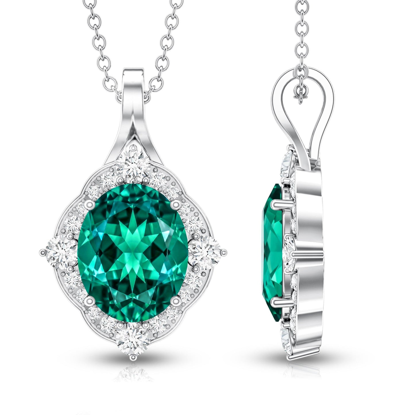 Certified 3 Carat Oval Lab Emerald and Diamond Vintage Necklace