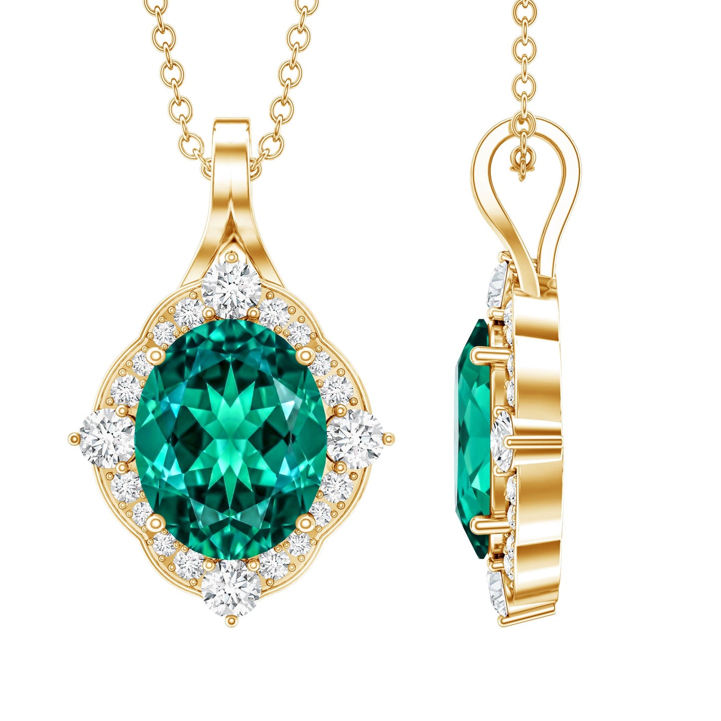 Certified 3 Carat Oval Lab Emerald and Diamond Vintage Necklace