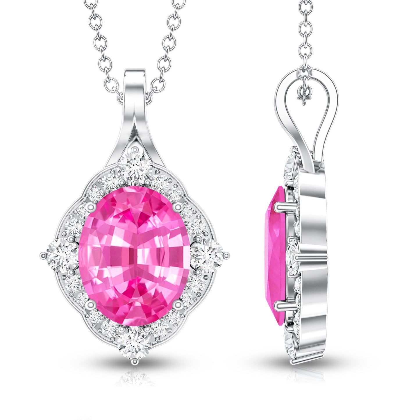 4 Carat Oval Lab Created Pink Sapphire Vintage Pendant with Diamonds