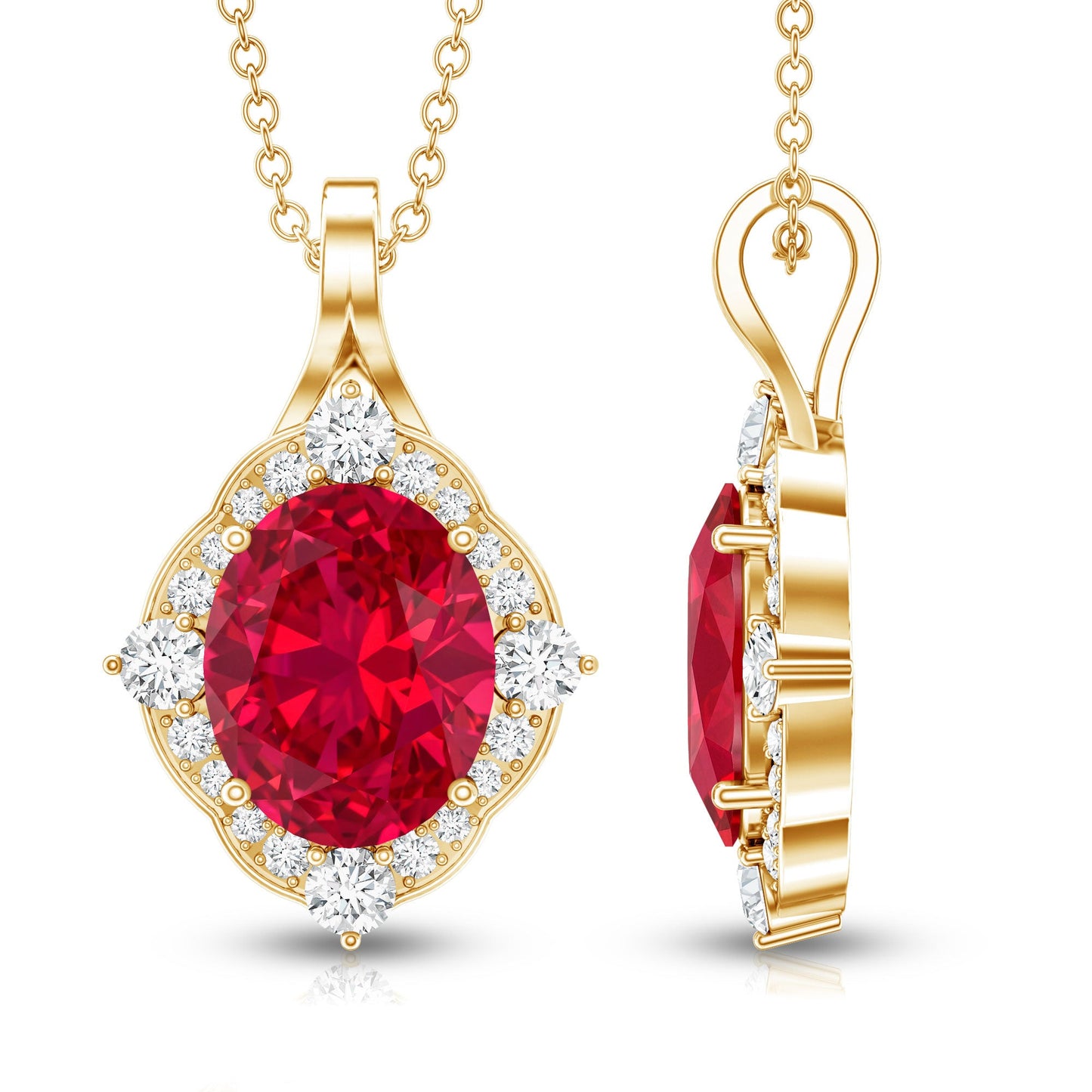 4 Carat Lab Grown Ruby Vintage Inspired Necklace with Diamond Halo