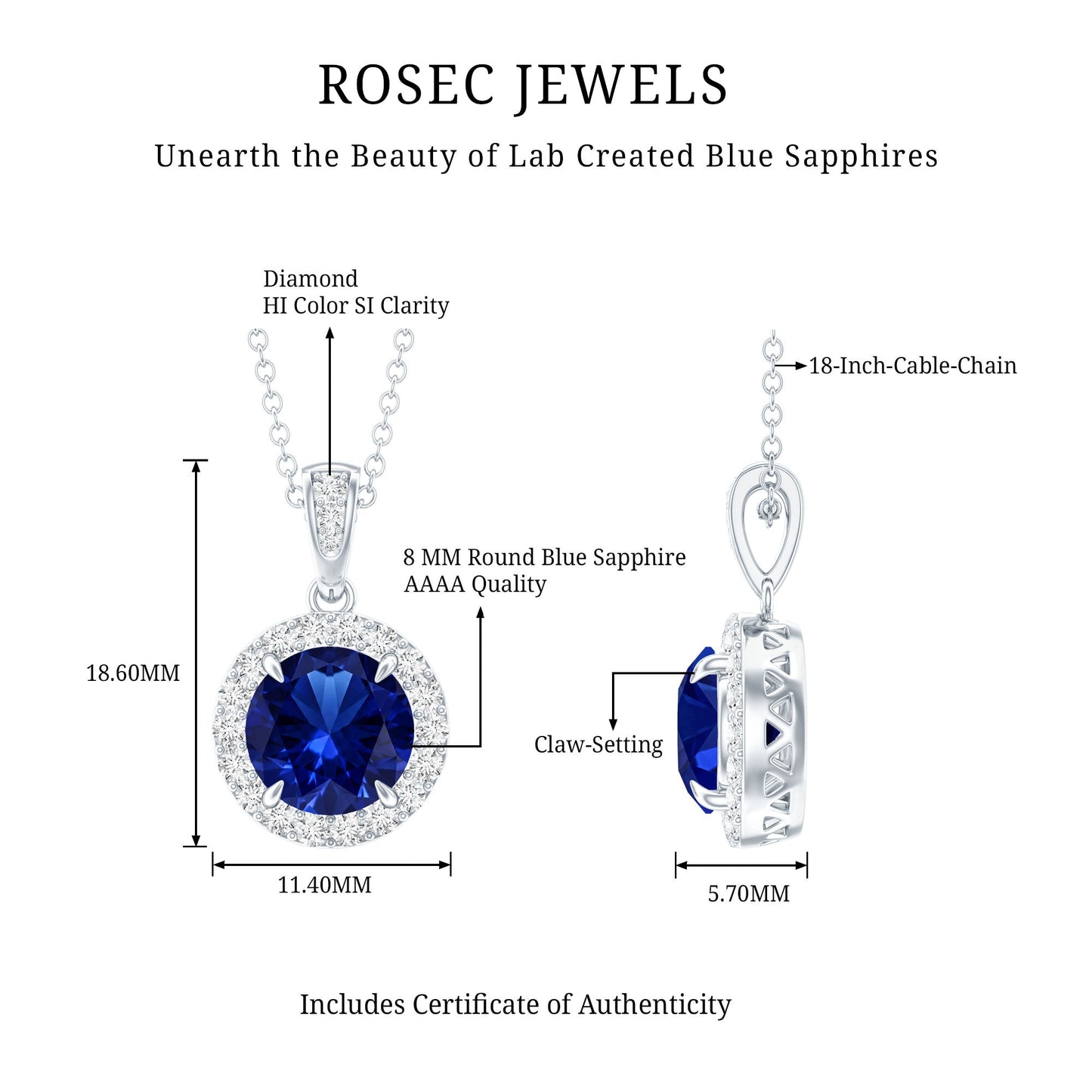 2.74 Carat Round Lab Created Blue Sapphire Halo Necklace with White Diamond