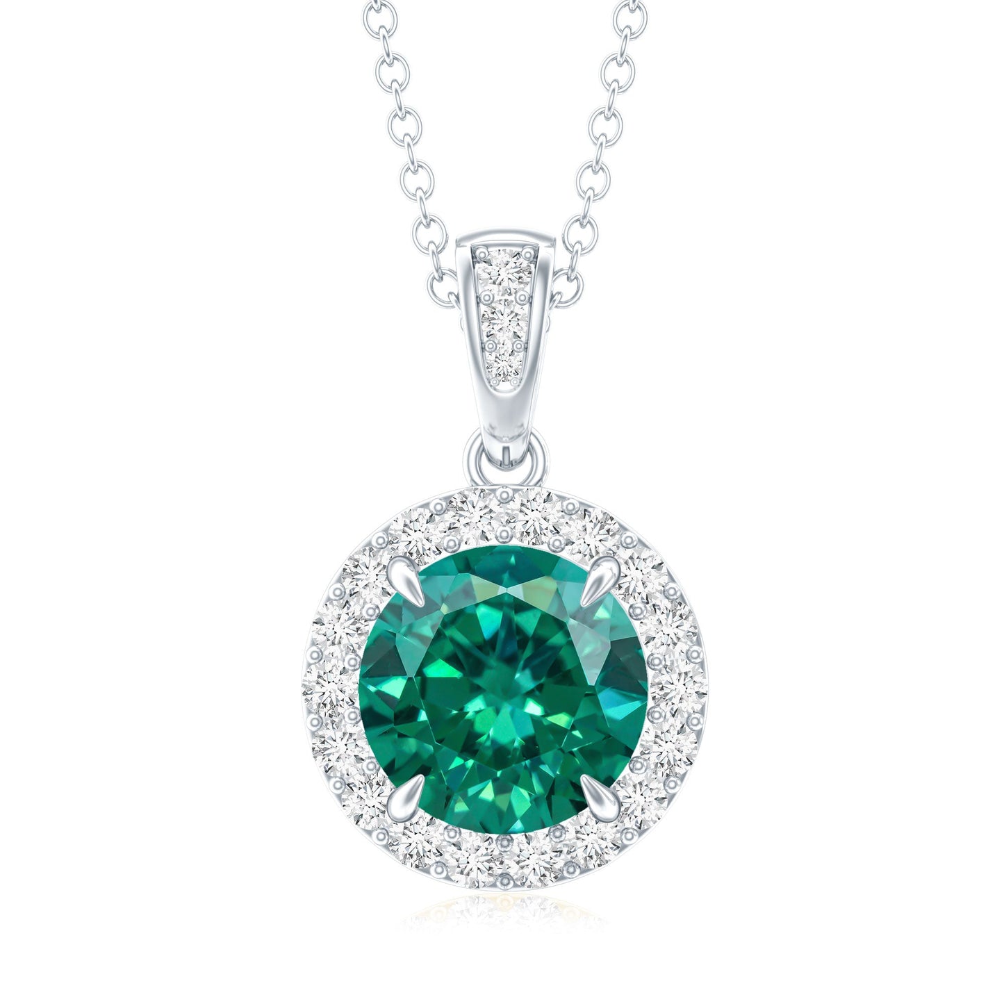 2 Carat Round Cut Lab Grown Emerald and Diamond Halo Necklace