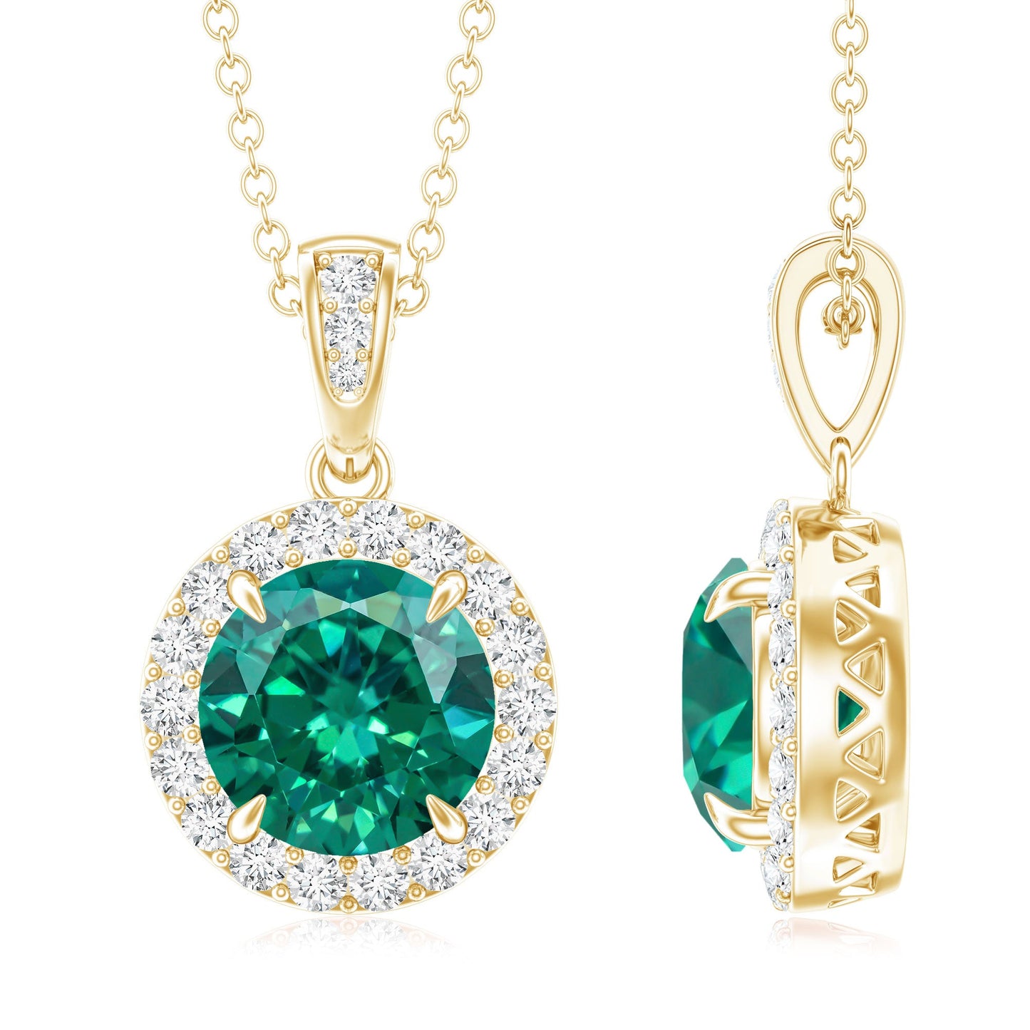 2 Carat Round Cut Lab Grown Emerald and Diamond Halo Necklace