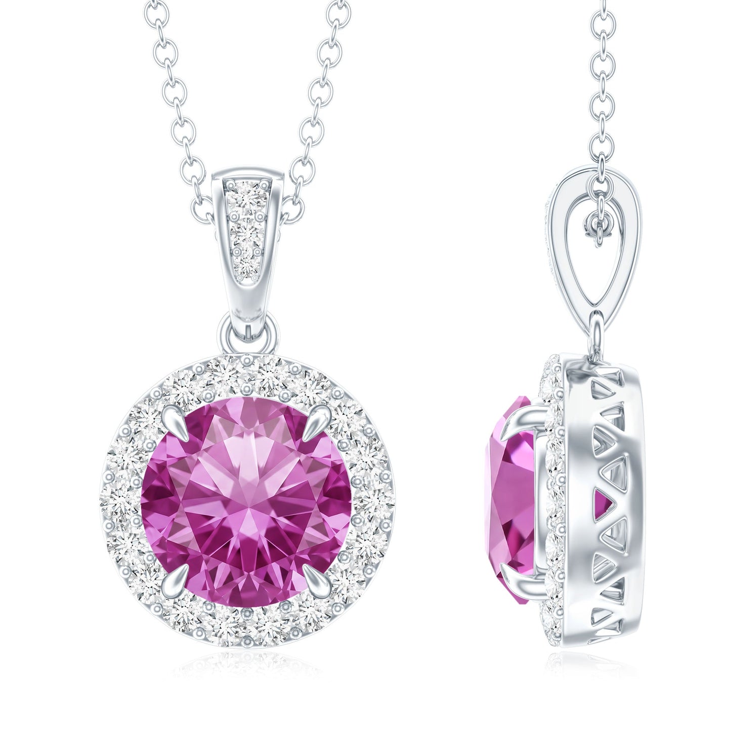 2.2 Carat Round Cut Lab Created Pink Sapphire and Diamond Necklace with Certificate