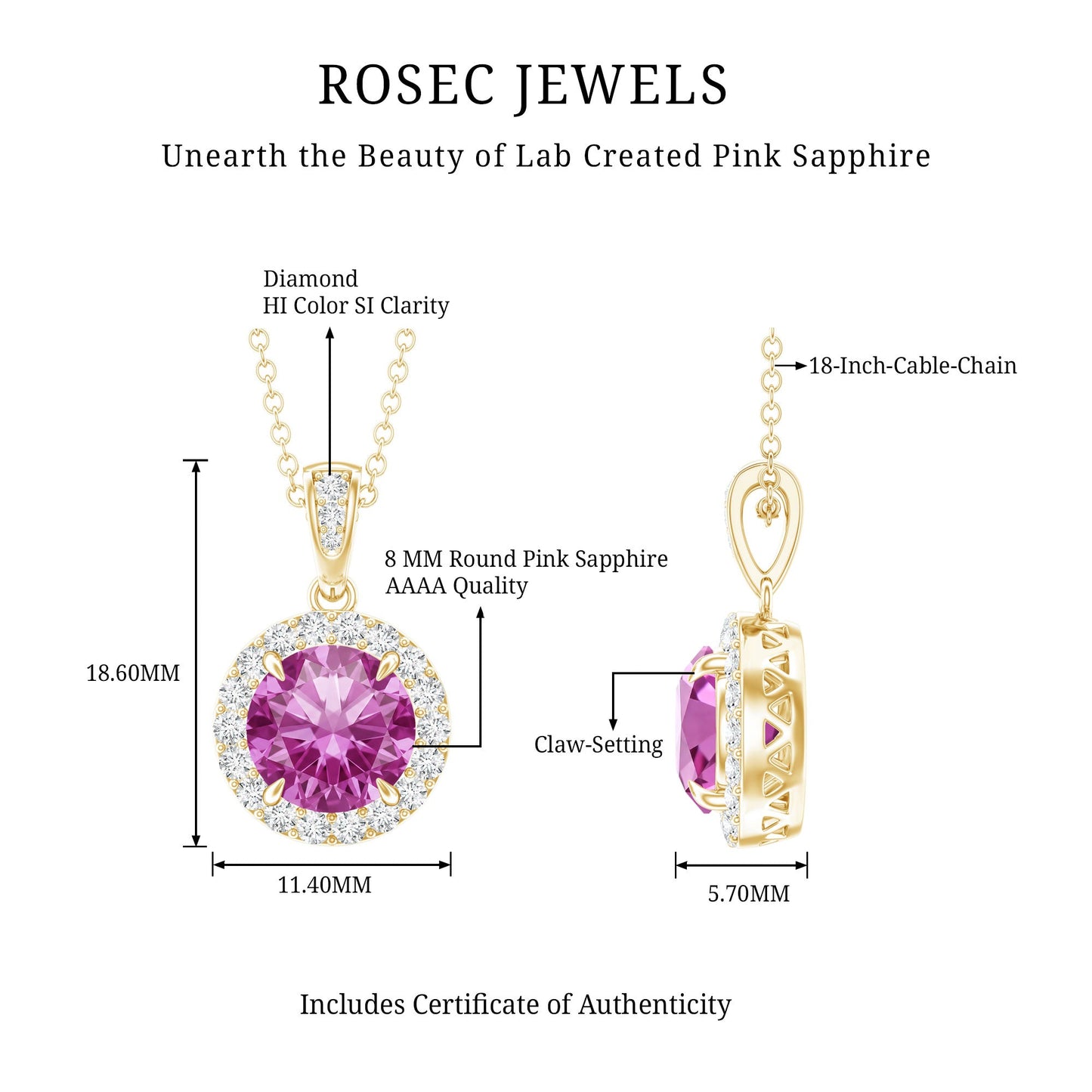 2.2 Carat Round Cut Lab Created Pink Sapphire and Diamond Necklace with Certificate