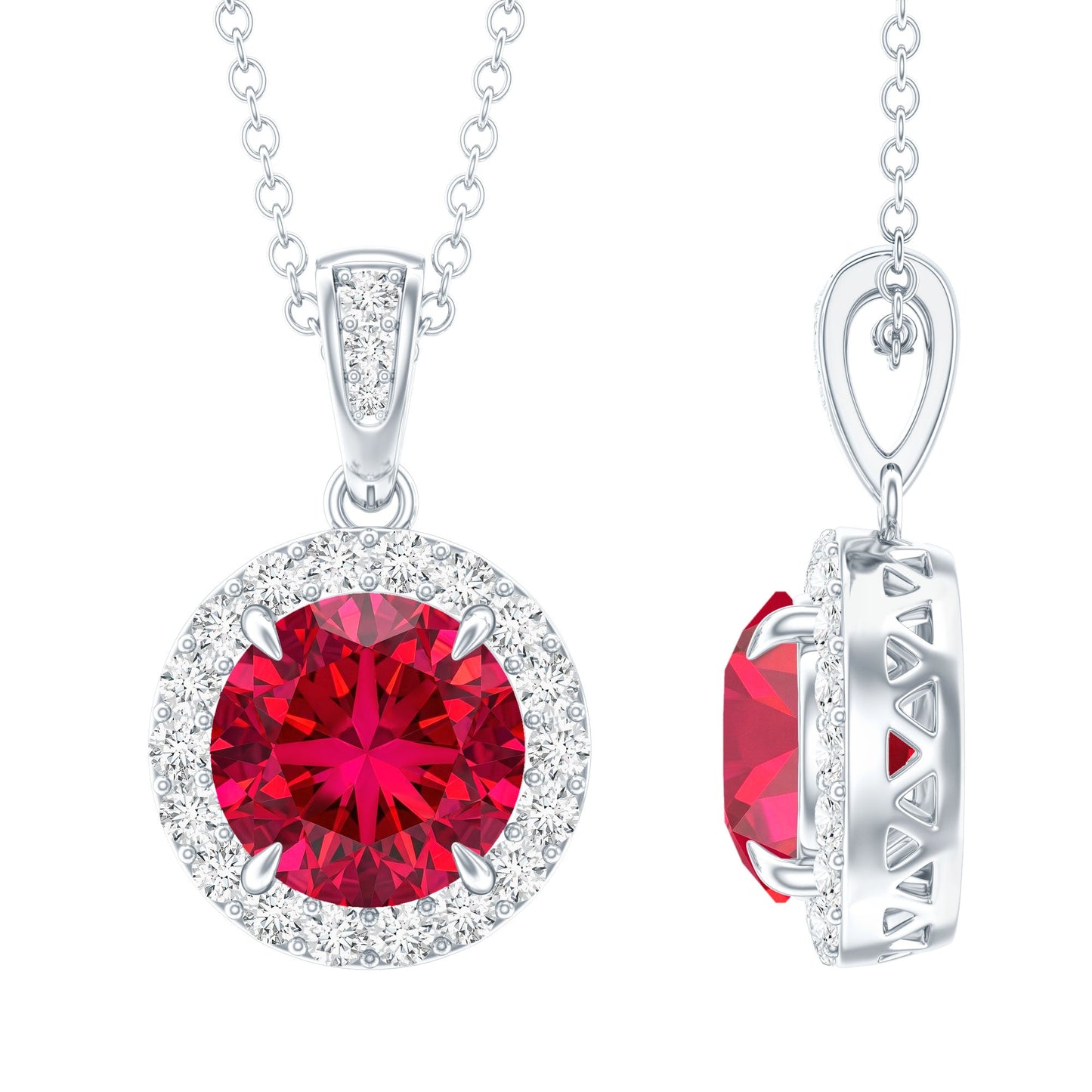 2.3 Carat Round Lab Created Ruby and Diamond Halo Pendant Necklace