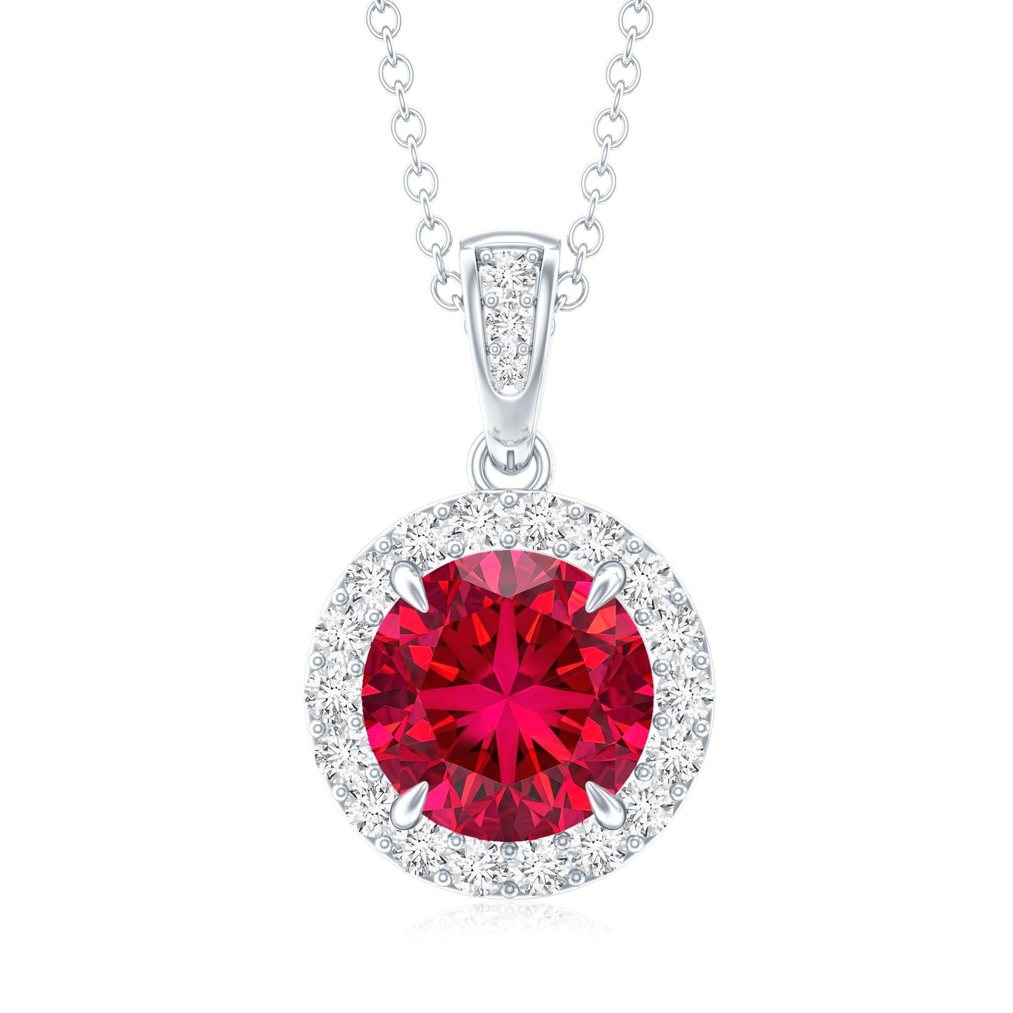 2.3 Carat Round Lab Created Ruby and Diamond Halo Pendant Necklace