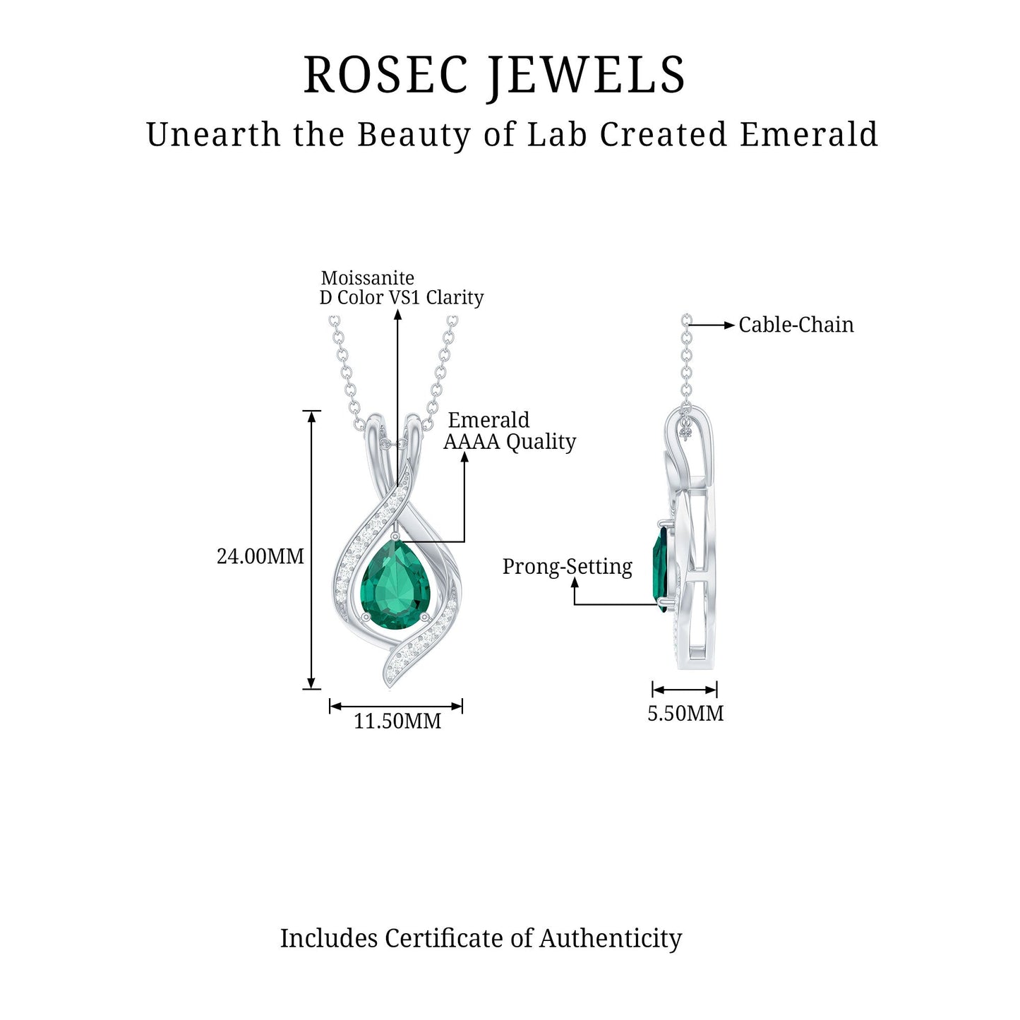 1 Carat Pear Cut Lab Created Emerald Teardrop Pendant with Diamond