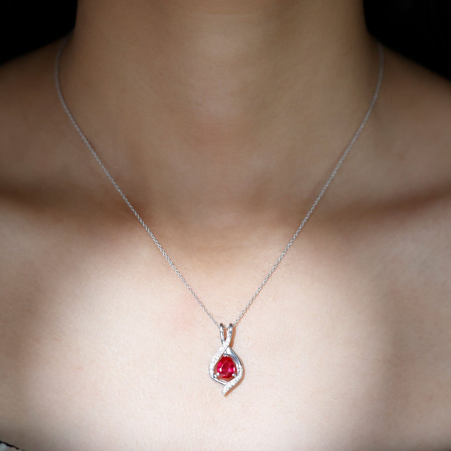 1 Carat Lab Created Ruby Teardrop Pendant with Moissanite