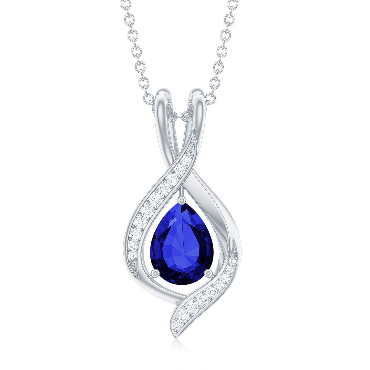 Certified Lab Created Blue Sapphire Teardrop Necklace with Moissanite