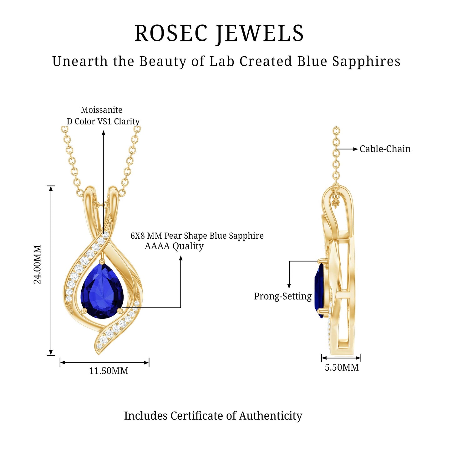 Certified Lab Created Blue Sapphire Teardrop Necklace with Moissanite