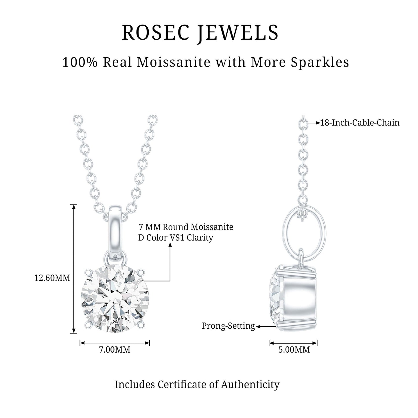 1.36 Carat Round Moissanite Solitaire Pendant Necklace in Prong Setting