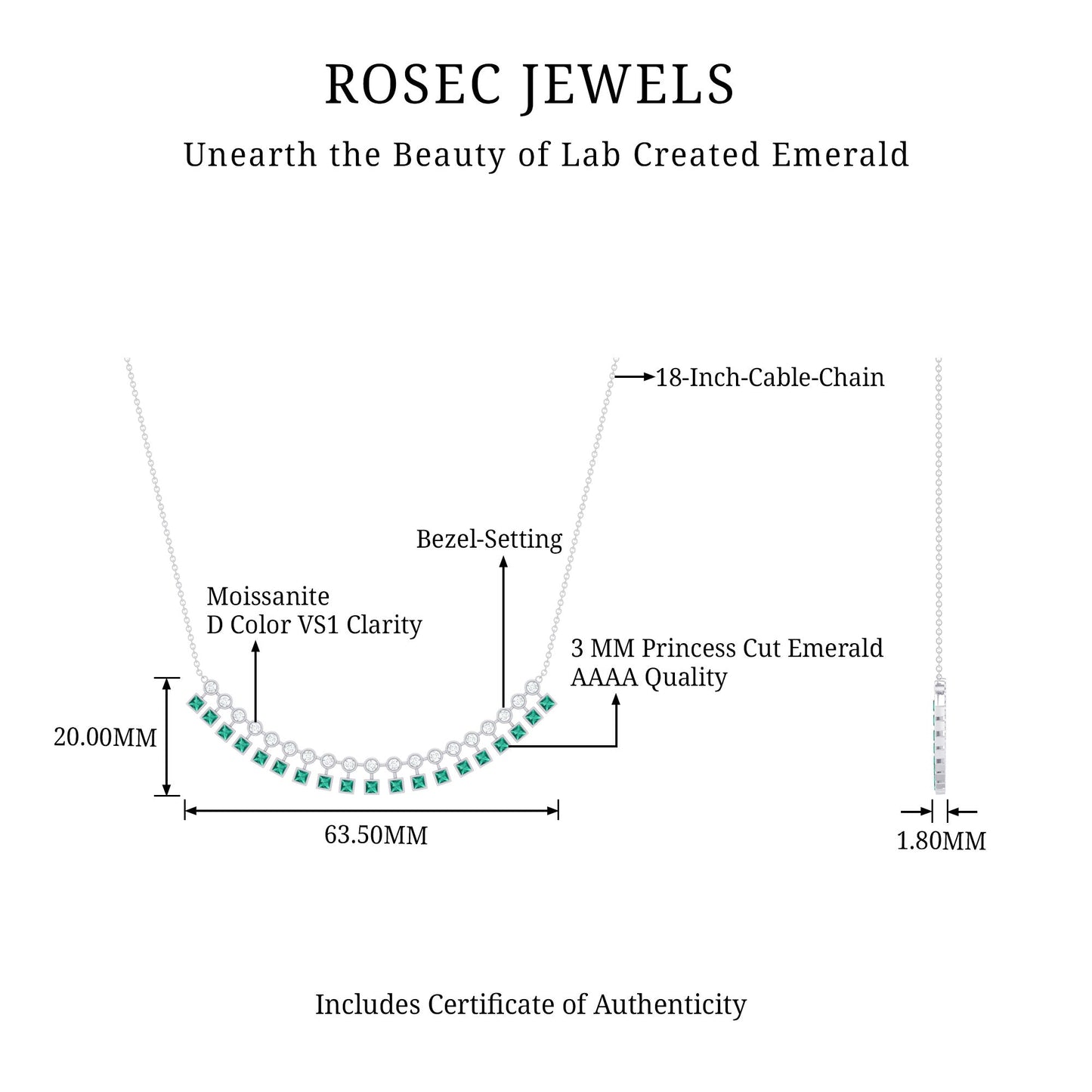 Certified Lab Grown Emerald Curved Bar Necklace