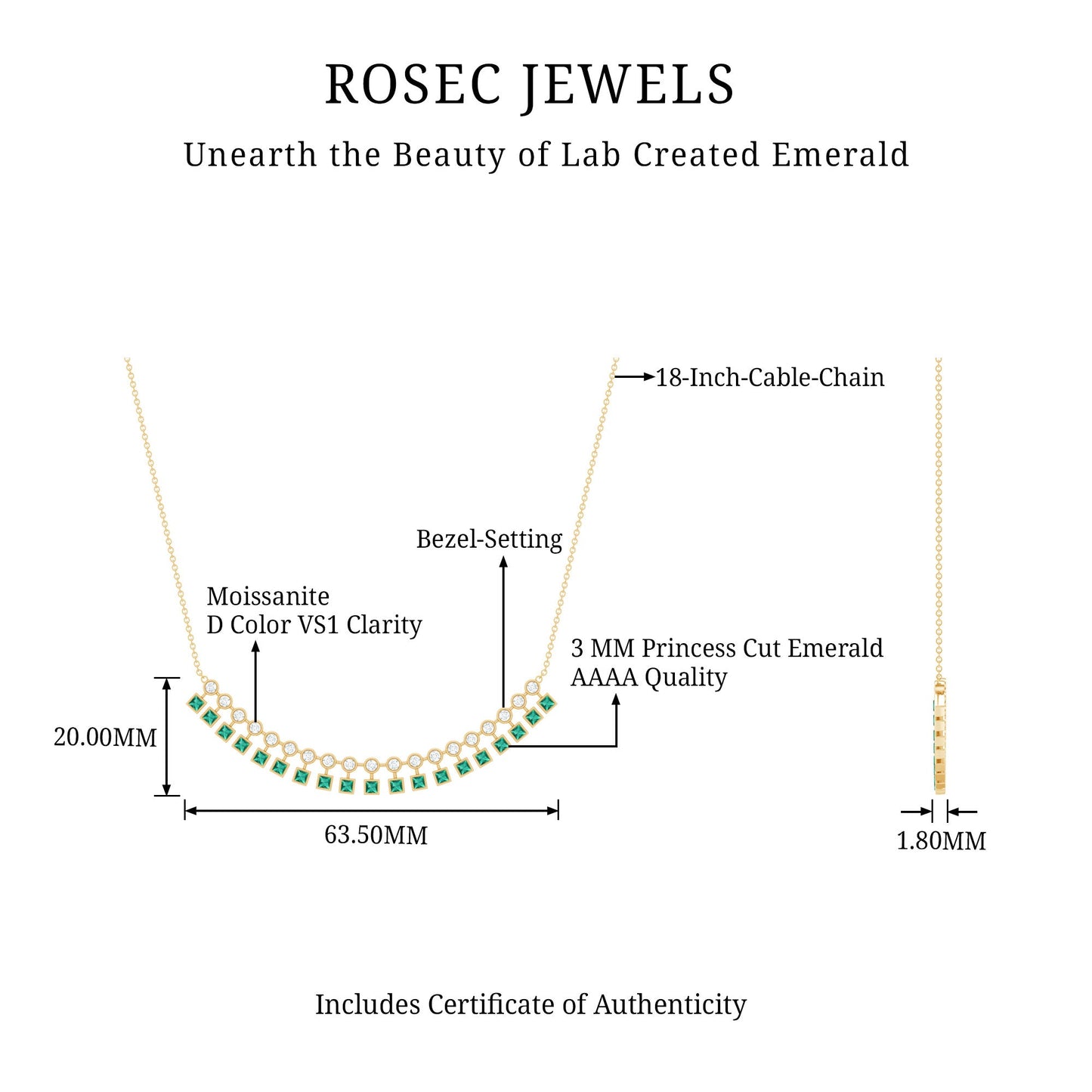 Certified Lab Grown Emerald Curved Bar Necklace