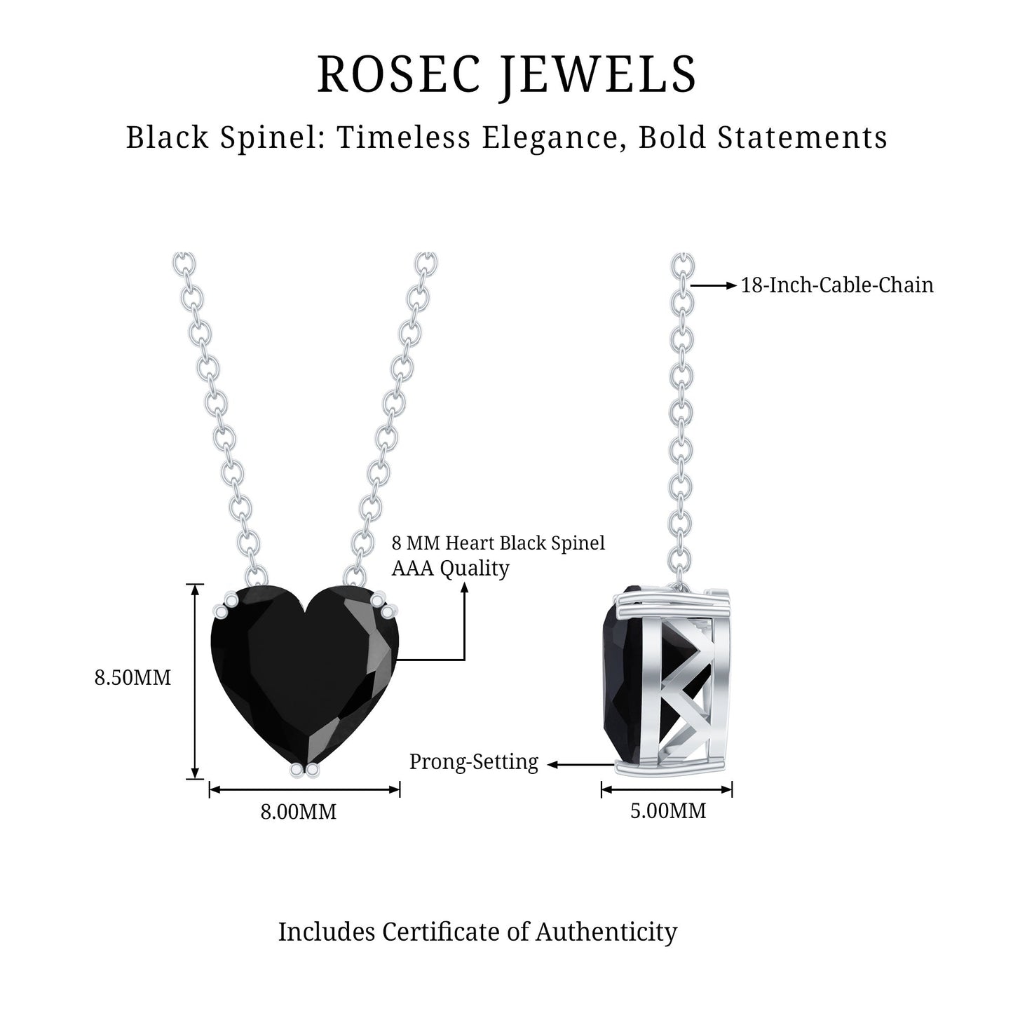 2 Carat Heart Shape Black Spinel Solitaire Necklace in Double Prong Setting