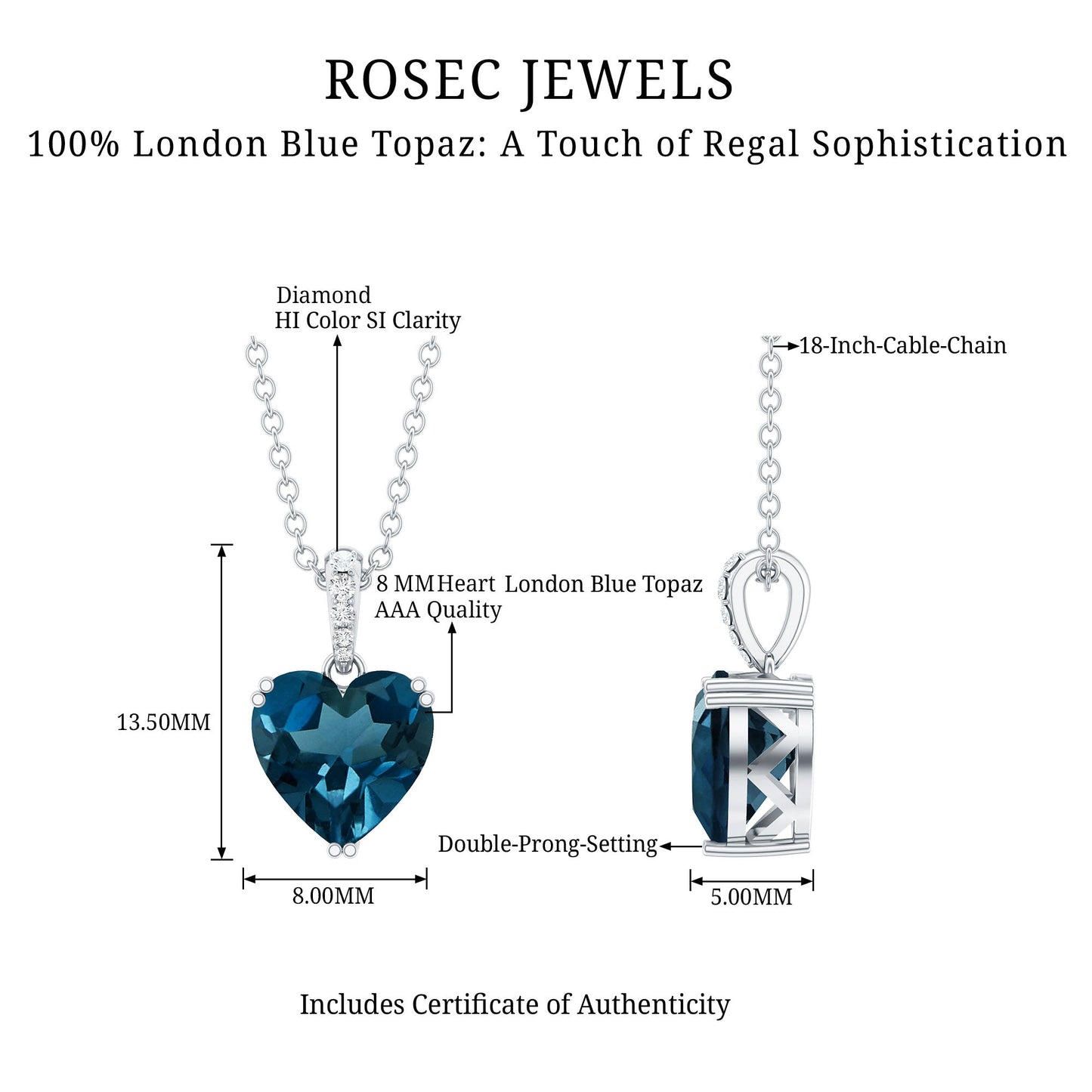 2 Carat Certified London Blue Topaz Heart Necklace with Diamond