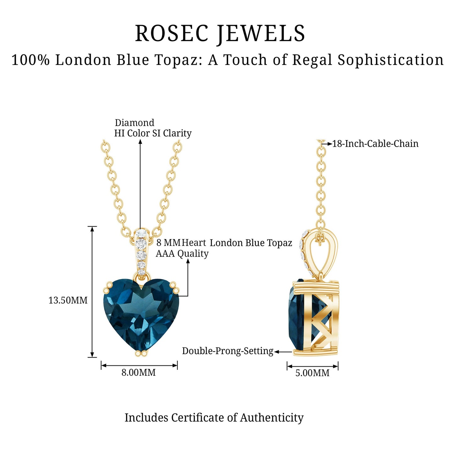 2 Carat Certified London Blue Topaz Heart Necklace with Diamond