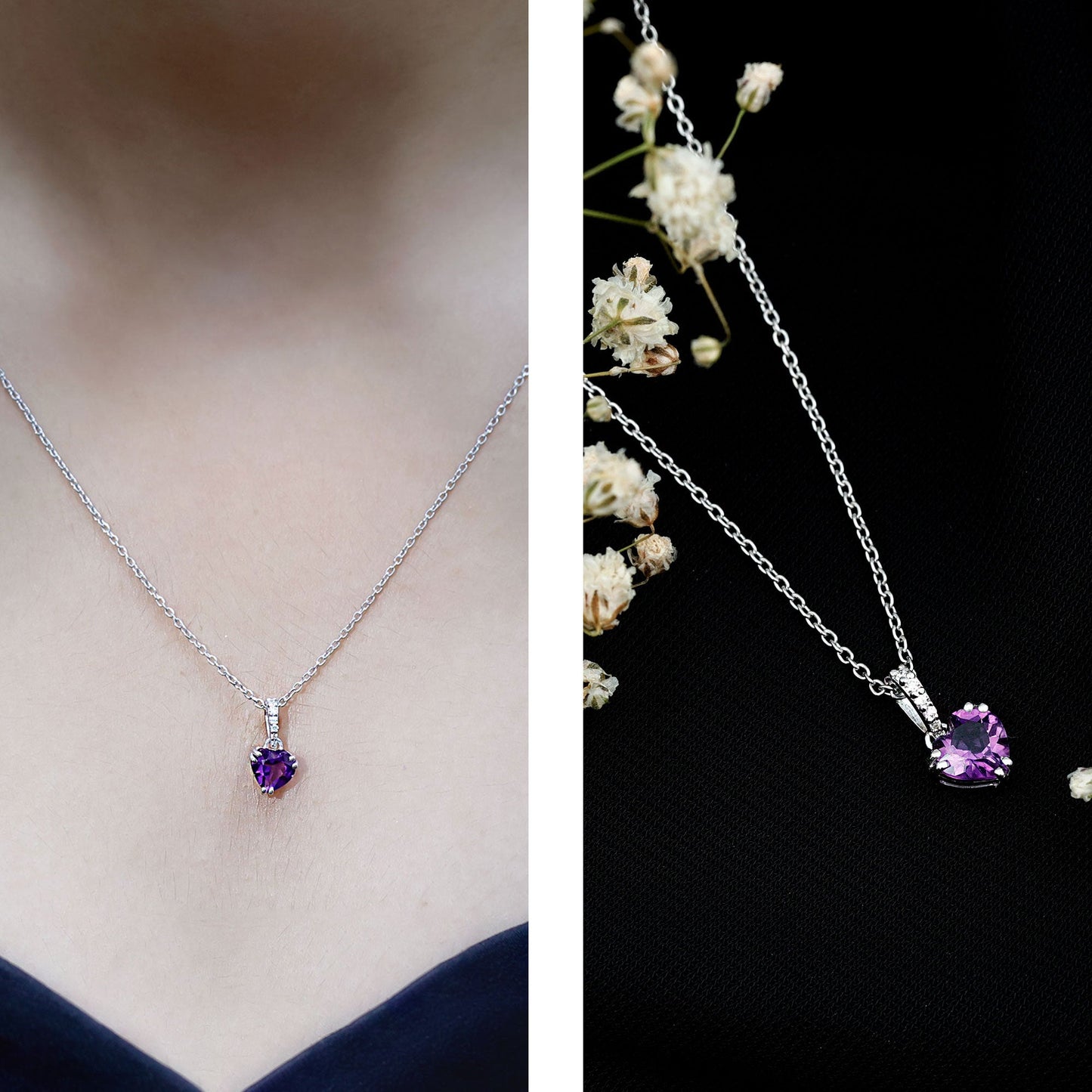 Certified Solitaire Amethyst Heart Necklace with Diamond