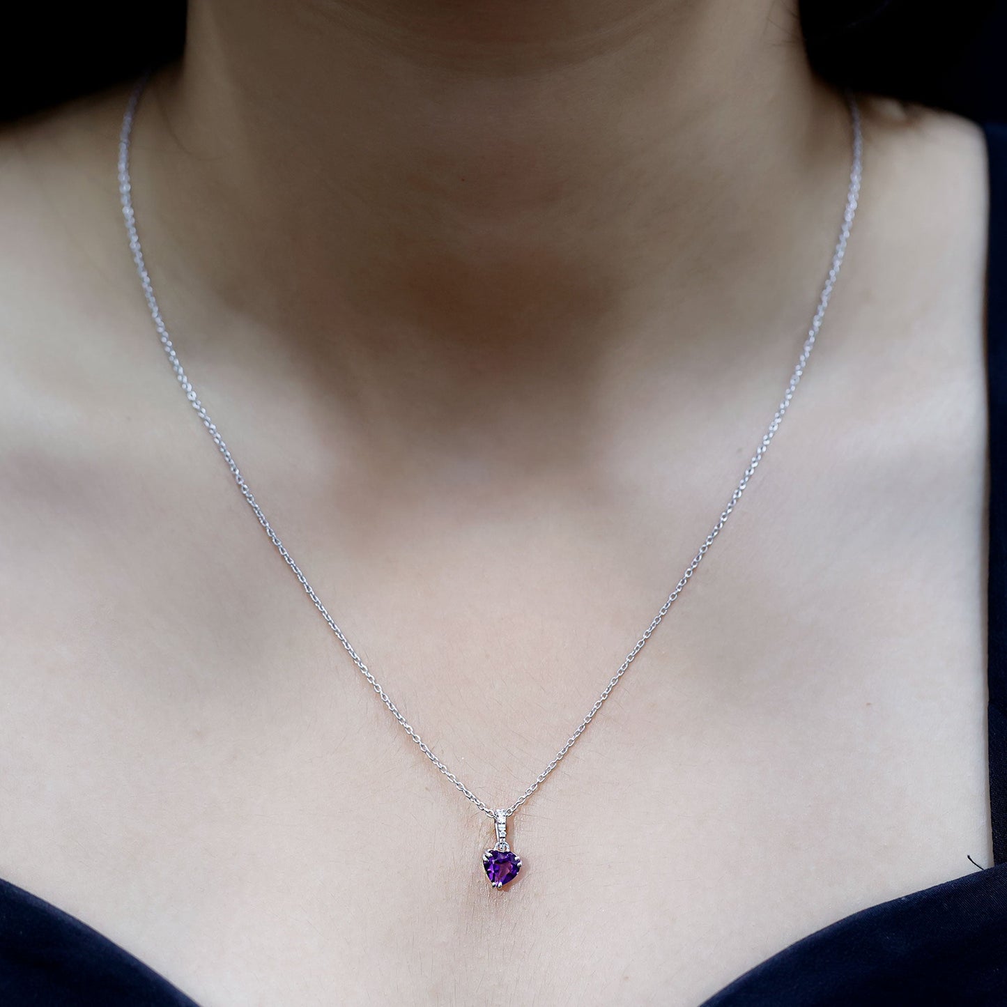 Certified Solitaire Amethyst Heart Necklace with Diamond