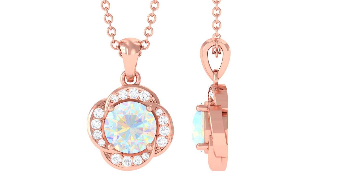 0.8 Carat Round Shape Ethiopian Opal and Diamond Flower Necklace