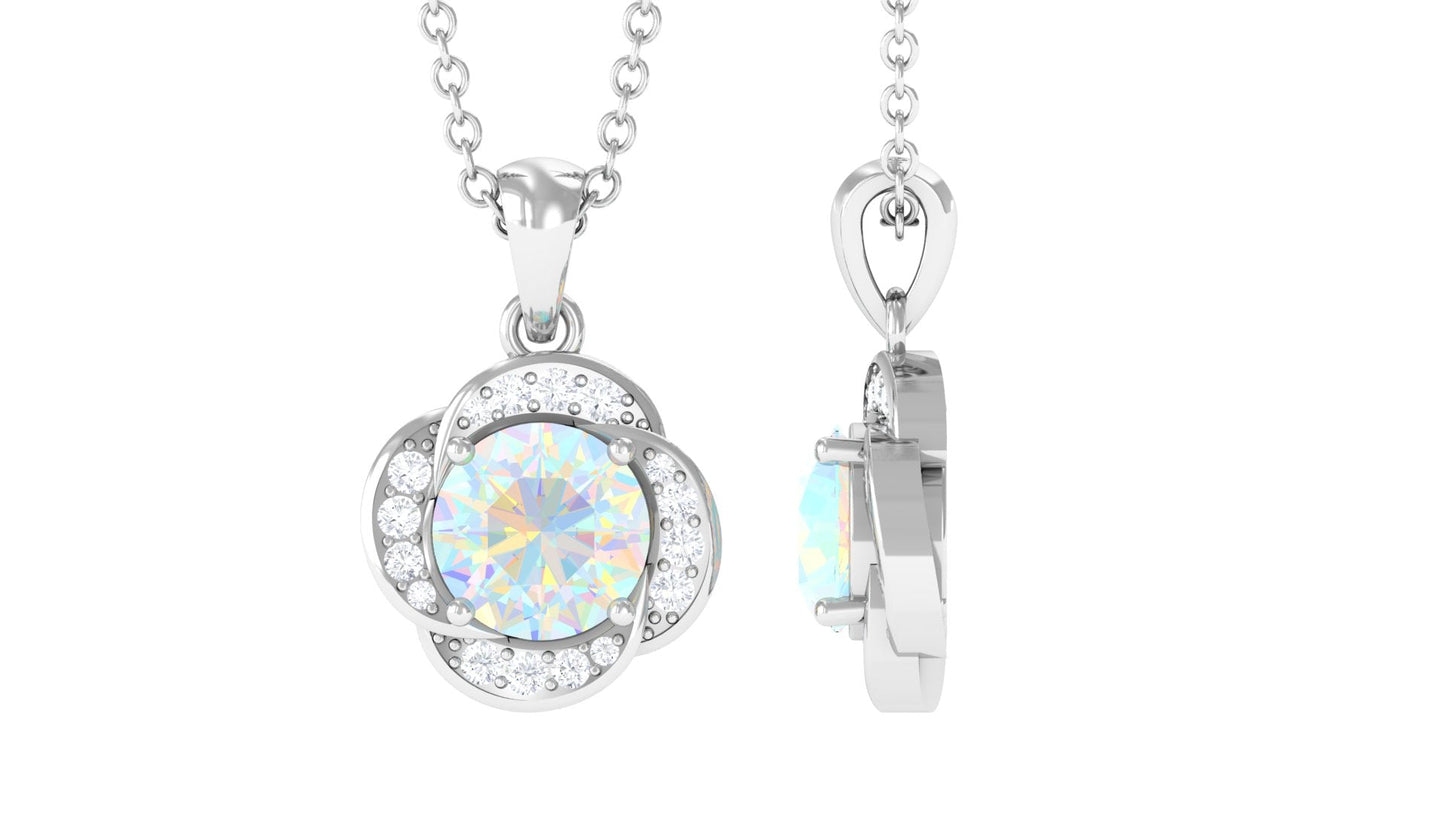 0.8 Carat Round Shape Ethiopian Opal and Diamond Flower Necklace