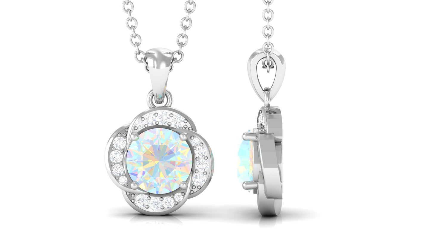 0.8 Carat Round Shape Ethiopian Opal and Diamond Flower Necklace