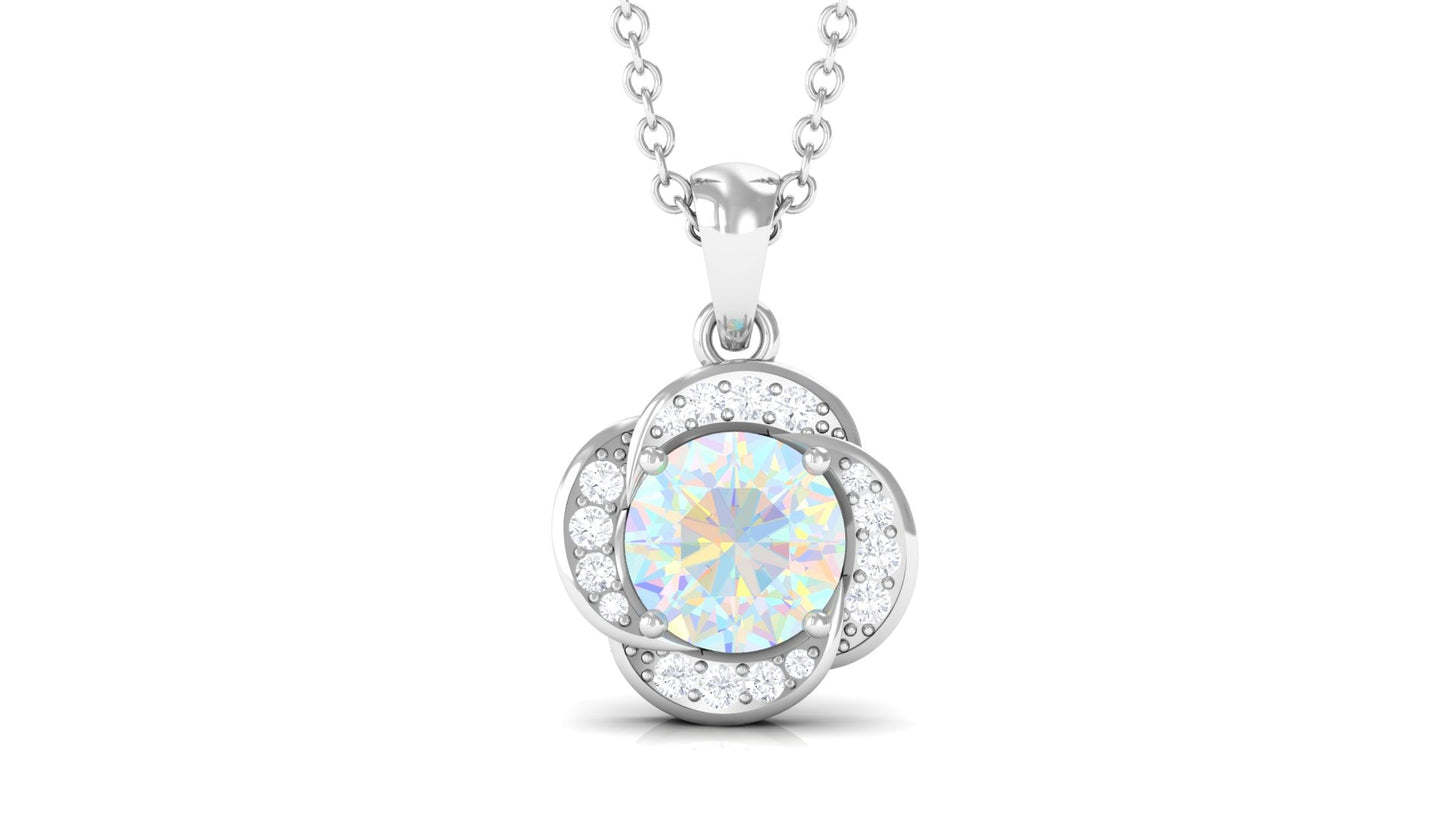0.8 Carat Round Shape Ethiopian Opal and Diamond Flower Necklace