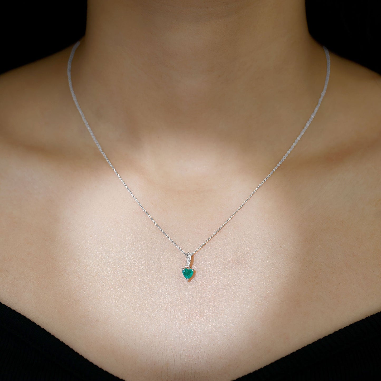 Heart Shape Emerald Promise Necklace with Diamond Accent Bail