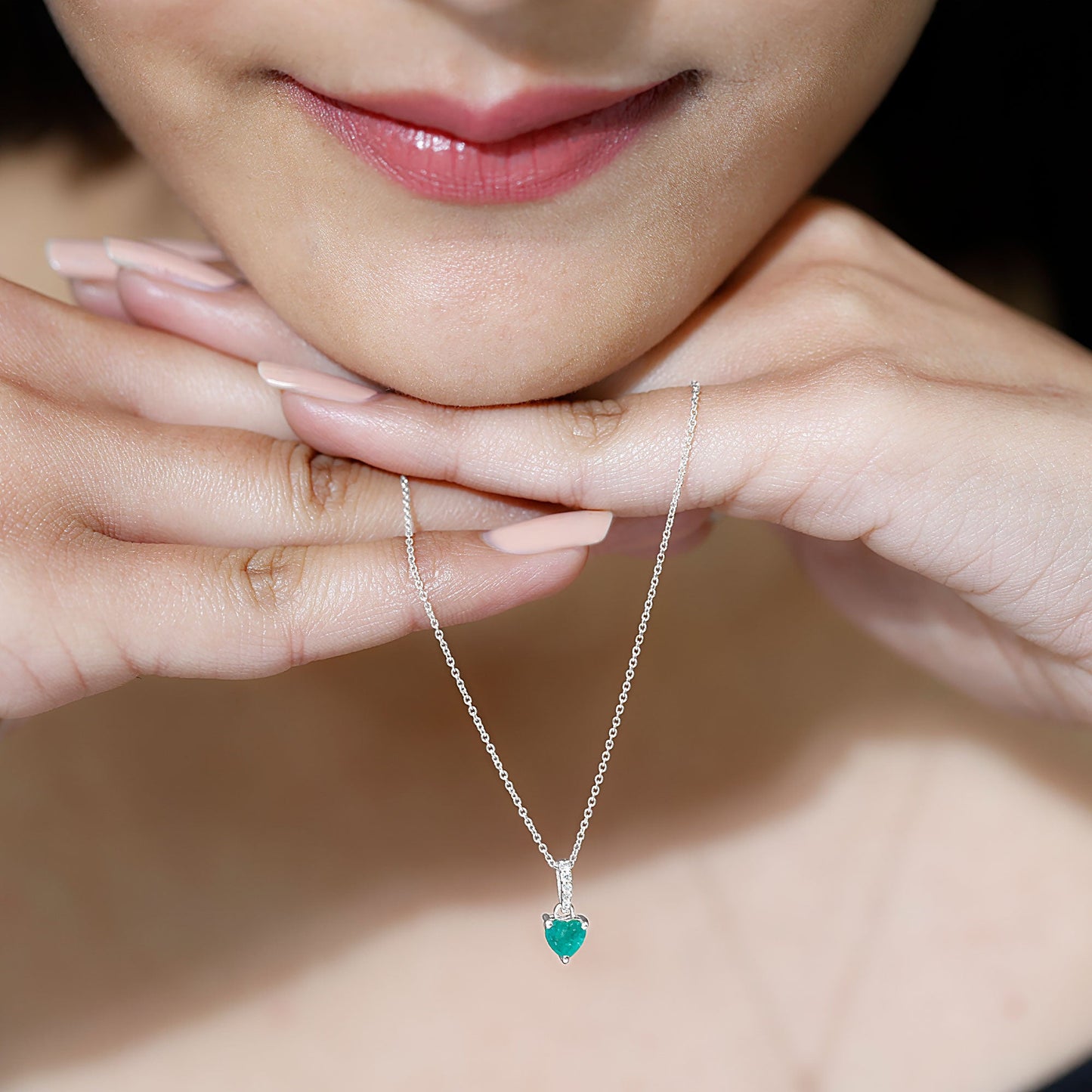 Heart Shape Emerald Promise Necklace with Diamond Accent Bail