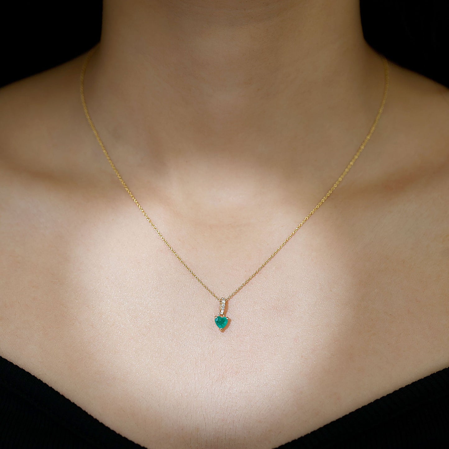 Heart Shape Emerald Promise Necklace with Diamond Accent Bail