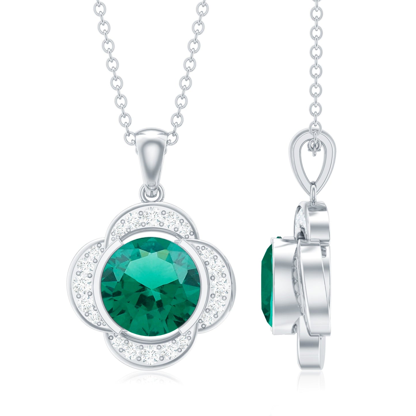 2 CT Lab Grown Emerald and Diamond Flower Necklace