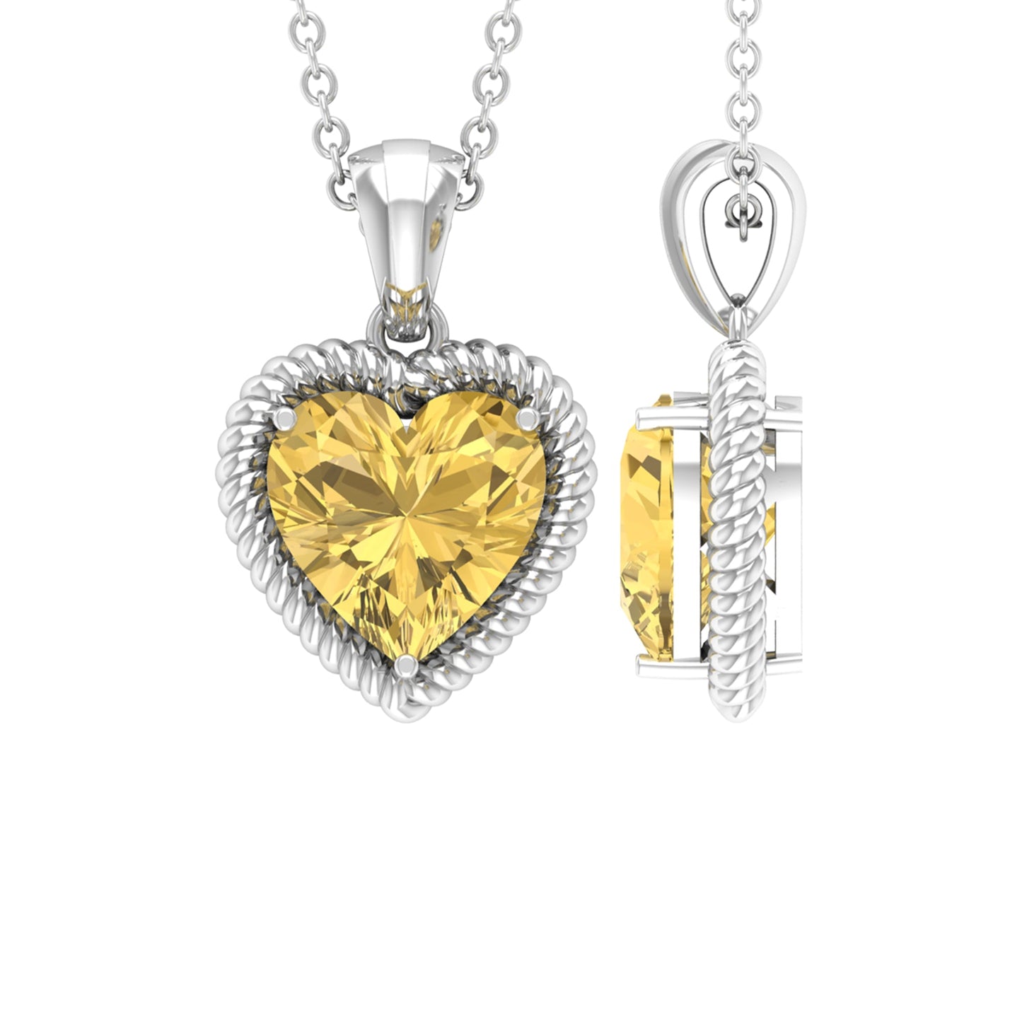 Natural Heart Shape 2 Carat Citrine Pendant Necklace with Rope Frame