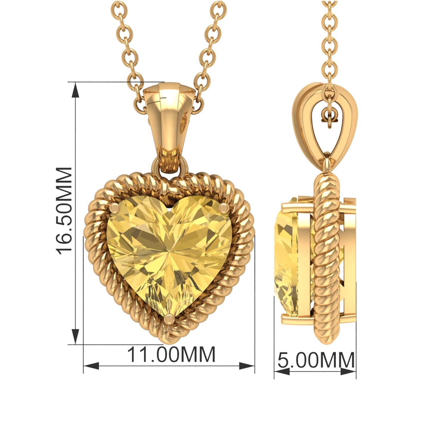 Natural Heart Shape 2 Carat Citrine Pendant Necklace with Rope Frame