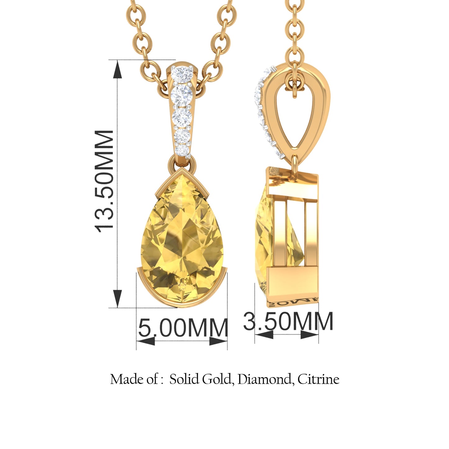 Natural 0.6 Carat Citrine Teardrop Pendant Necklace with Diamond