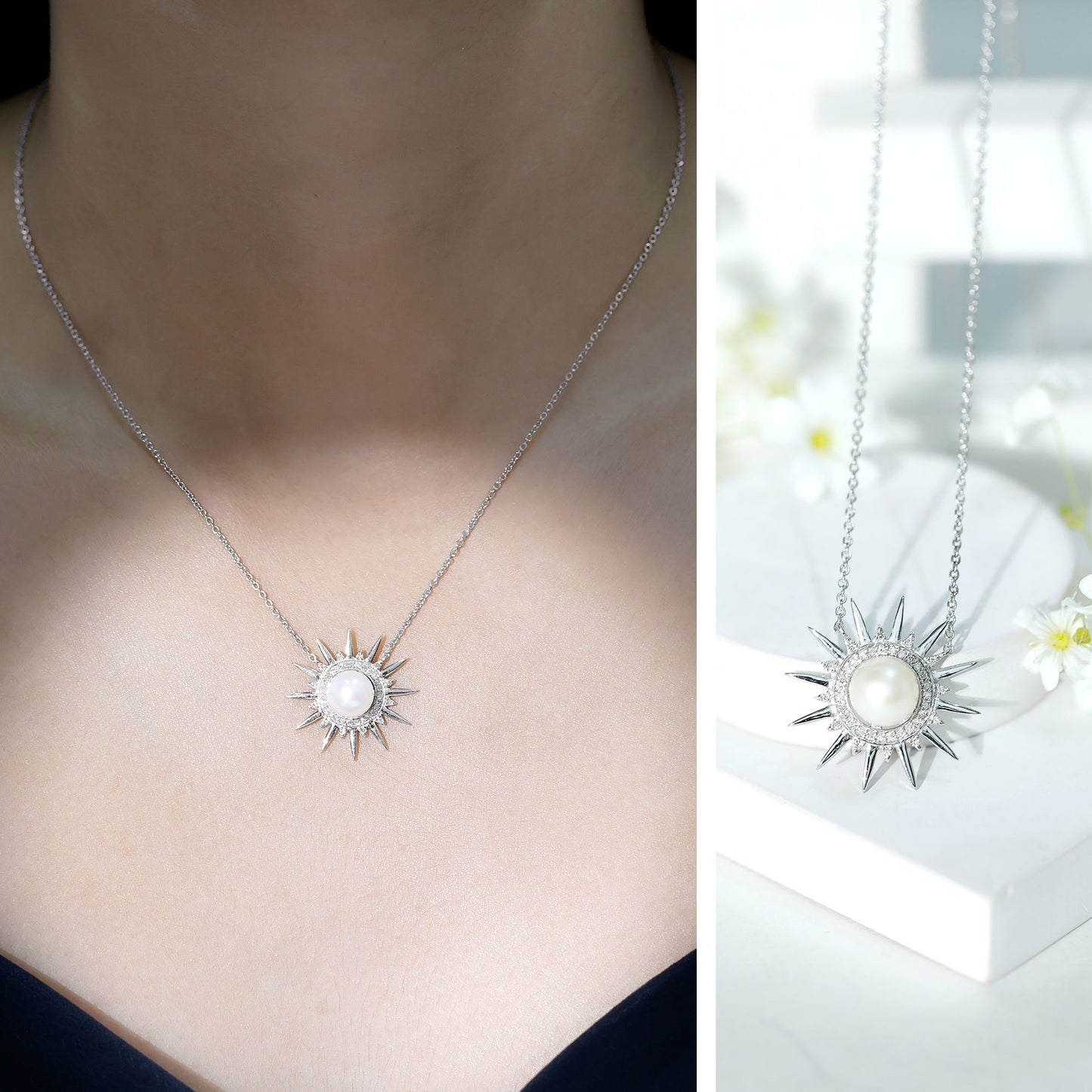 Natural Freshwater Pearl and Diamond Sunburst Pendant Necklace