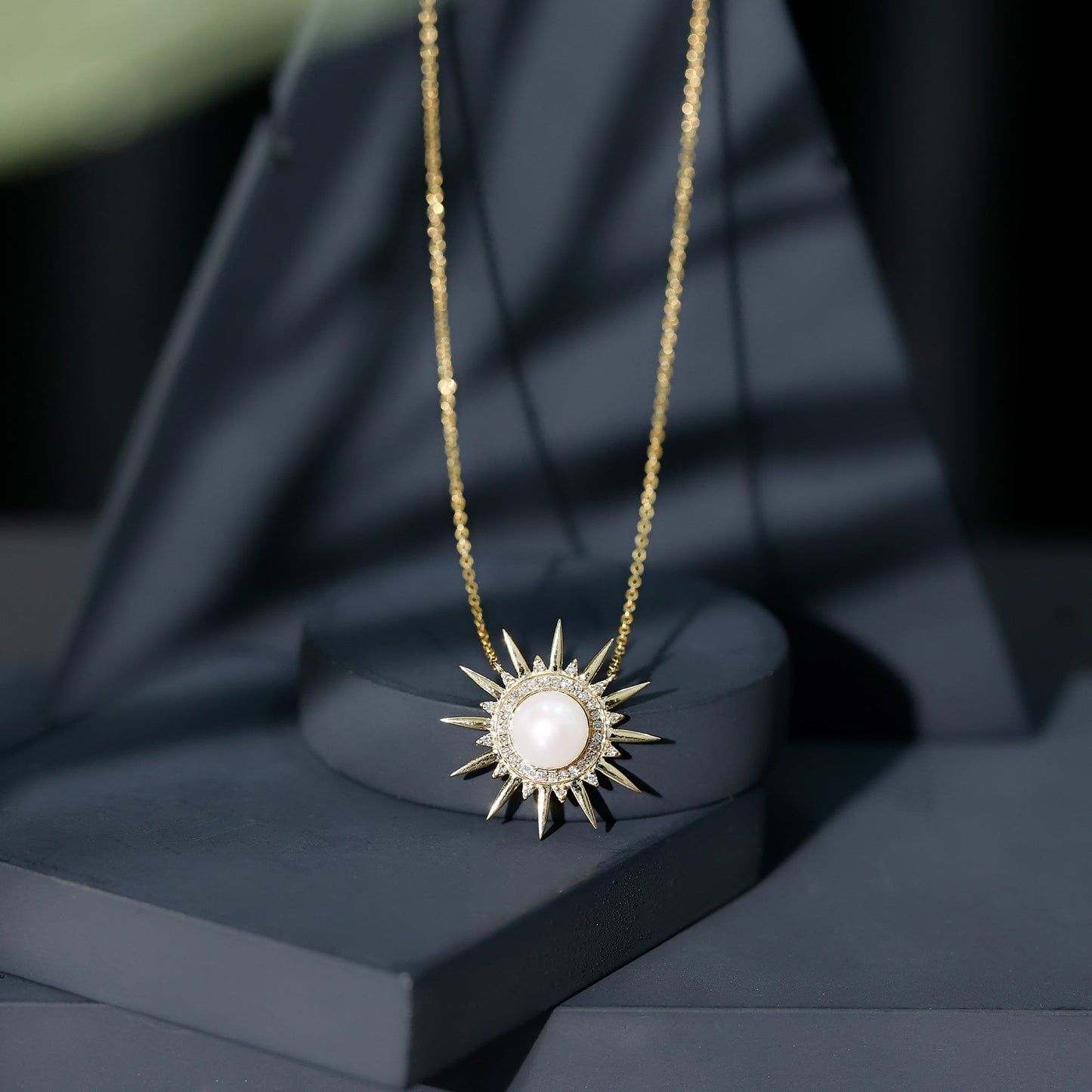 Natural Freshwater Pearl and Diamond Sunburst Pendant Necklace