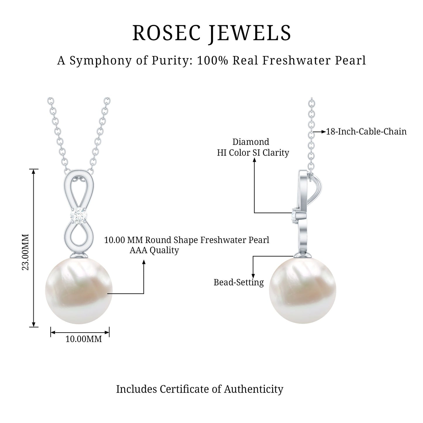 8 Carat Round Freshwater Pearl Drop Infinity Pendant with Diamond