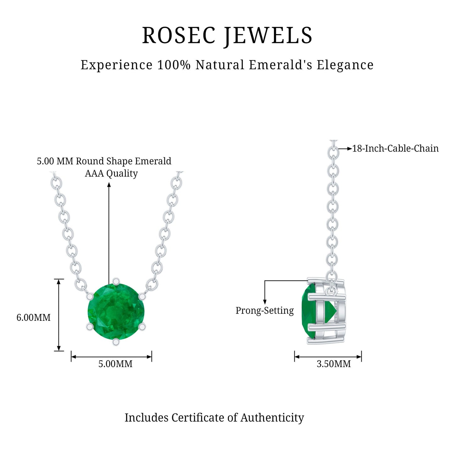 5MM Round Cut Solitaire Emerald Necklace in 6 Prong Setting