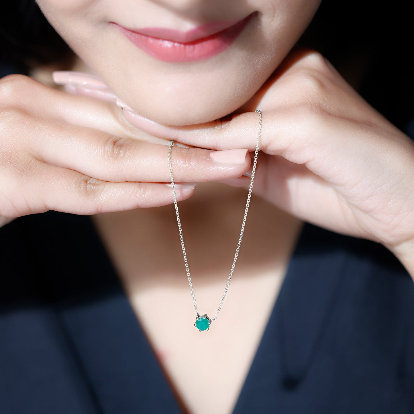 5MM Round Cut Solitaire Emerald Necklace in 6 Prong Setting