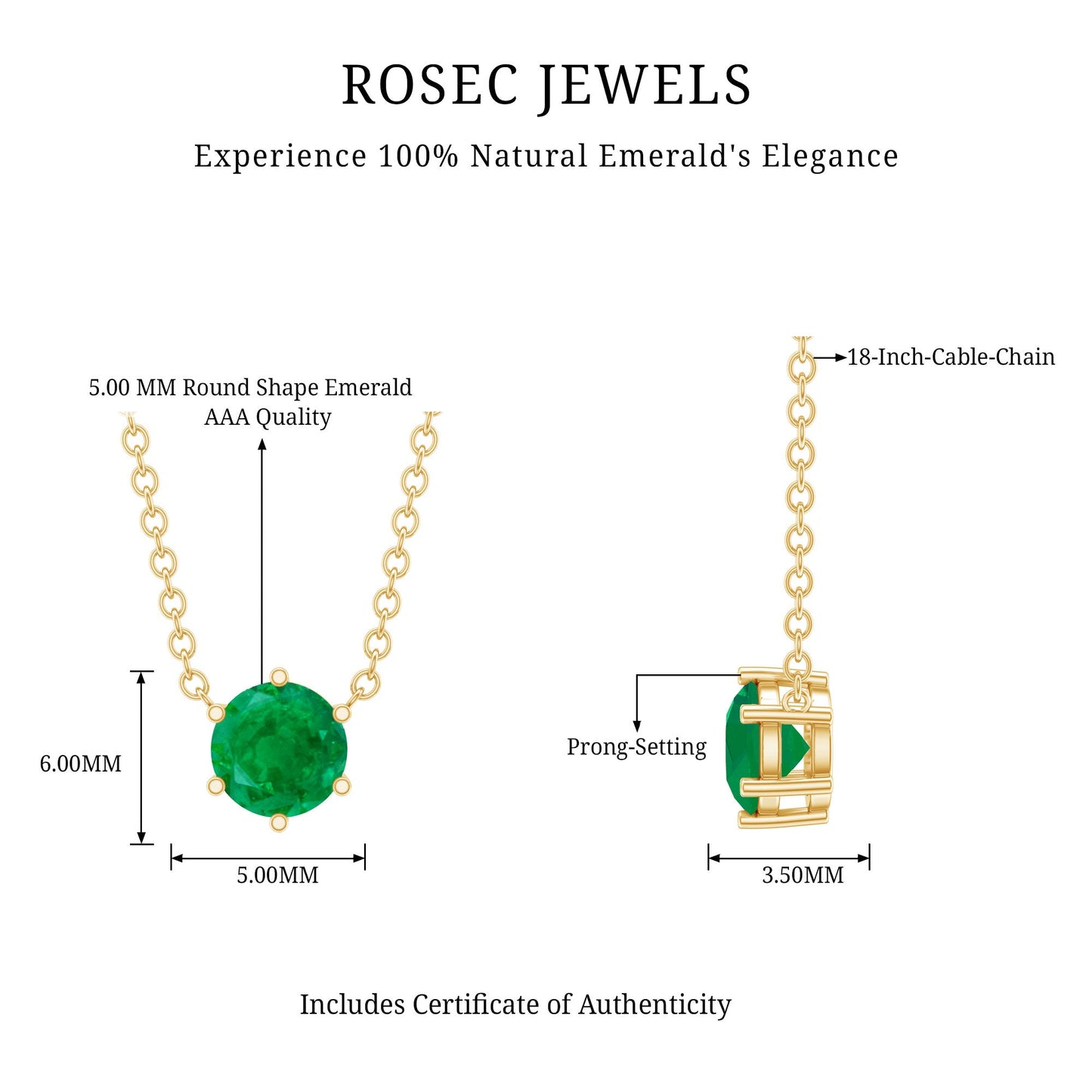 5MM Round Cut Solitaire Emerald Necklace in 6 Prong Setting