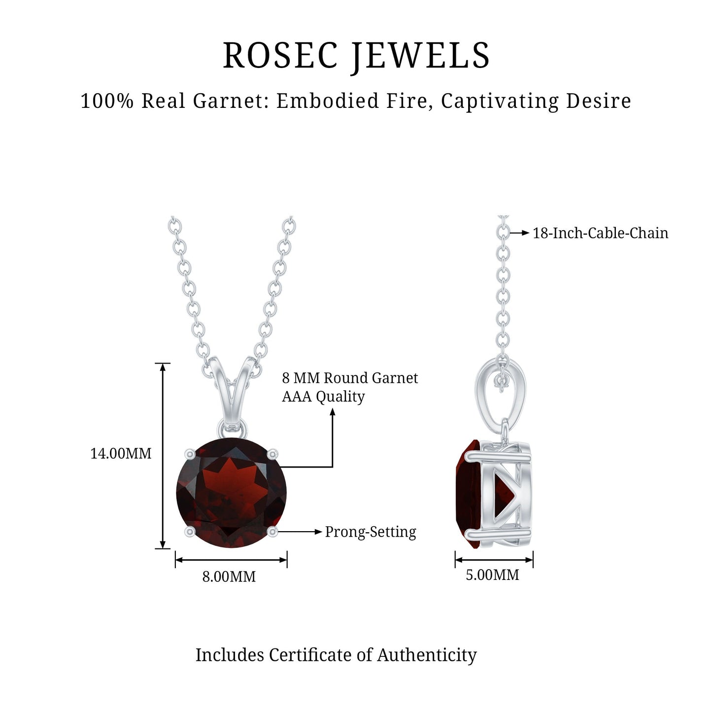 2.3 Carat Round Cut Garnet Solitaire Necklace with Rabbit Ear Bail