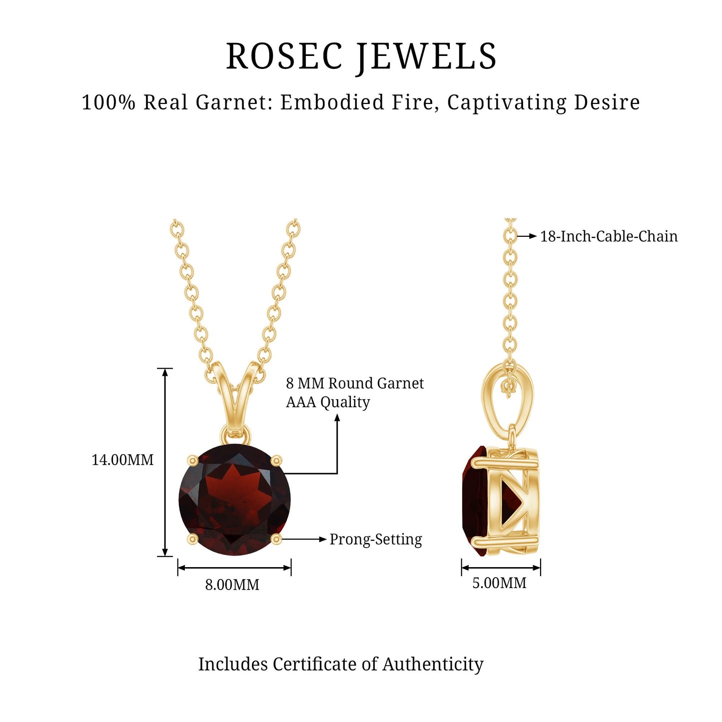 2.3 Carat Round Cut Garnet Solitaire Necklace with Rabbit Ear Bail