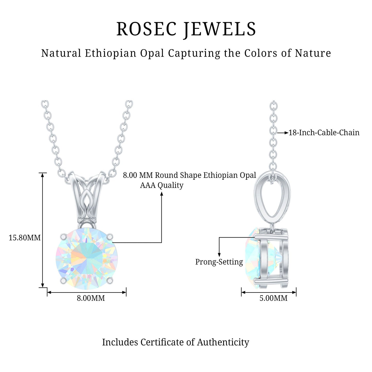 Real Ethiopian Opal Solitaire Pendant Necklace with Chain