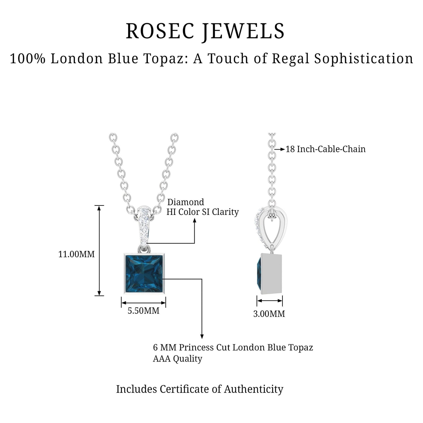1 Carat Princess Cut London Blue Topaz Pendant with Diamond