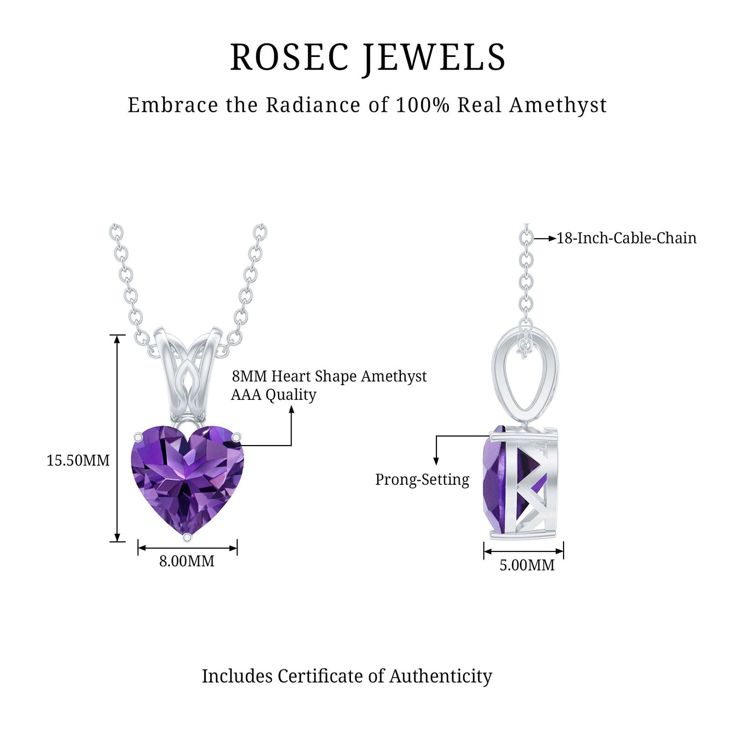 2 Carat Heart Shape Amethyst Pendant Necklace With Chain