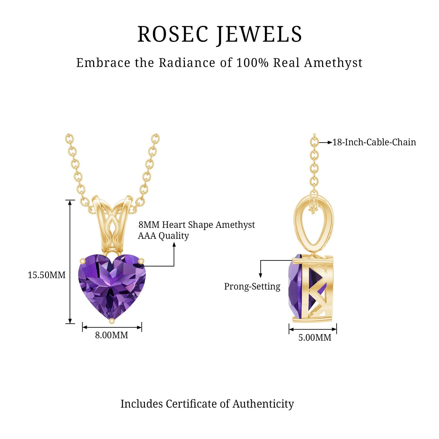 2 Carat Heart Shape Amethyst Pendant Necklace With Chain
