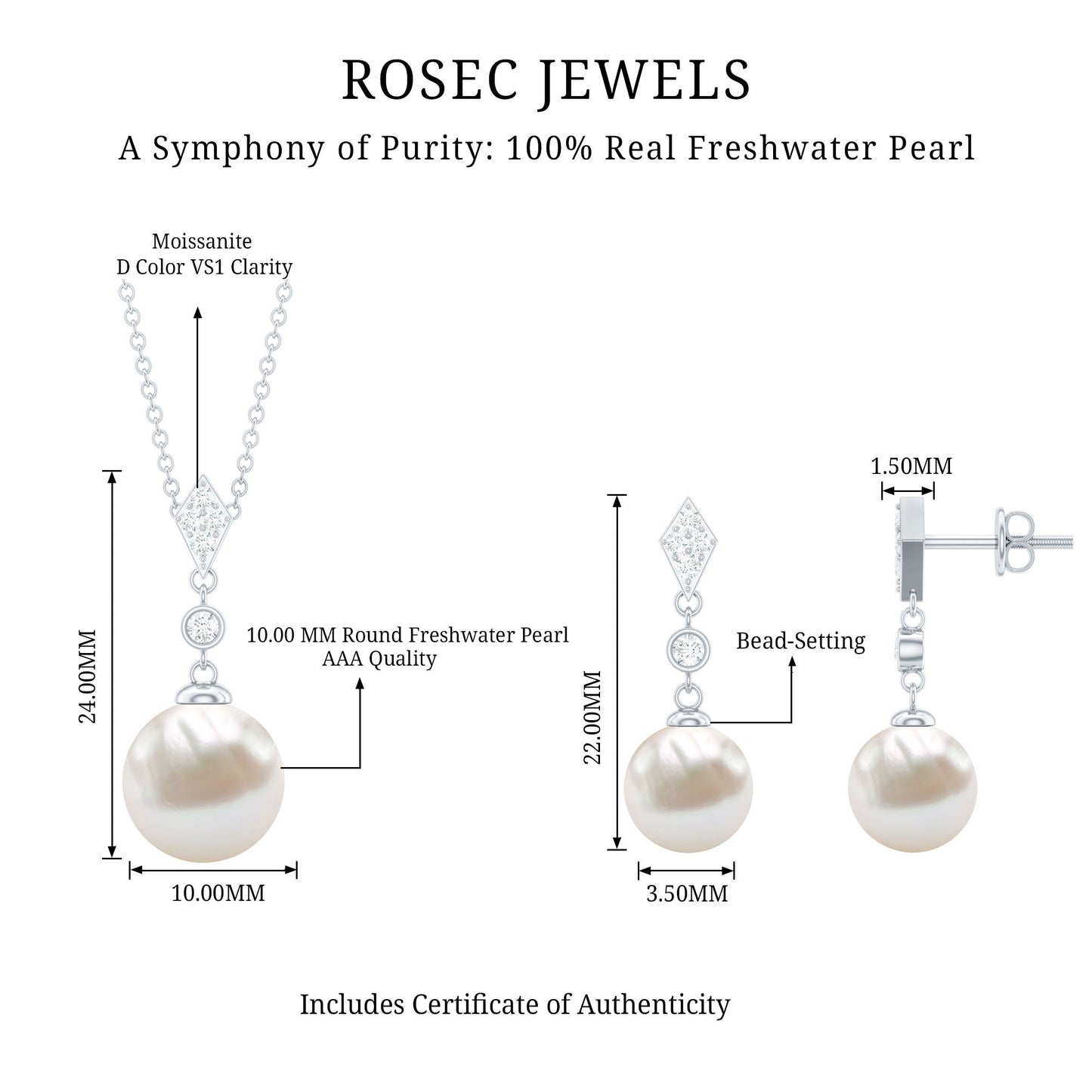 Freshwater Pearl Simple Dangle Drop Pendant and Earrings Set with Diamond